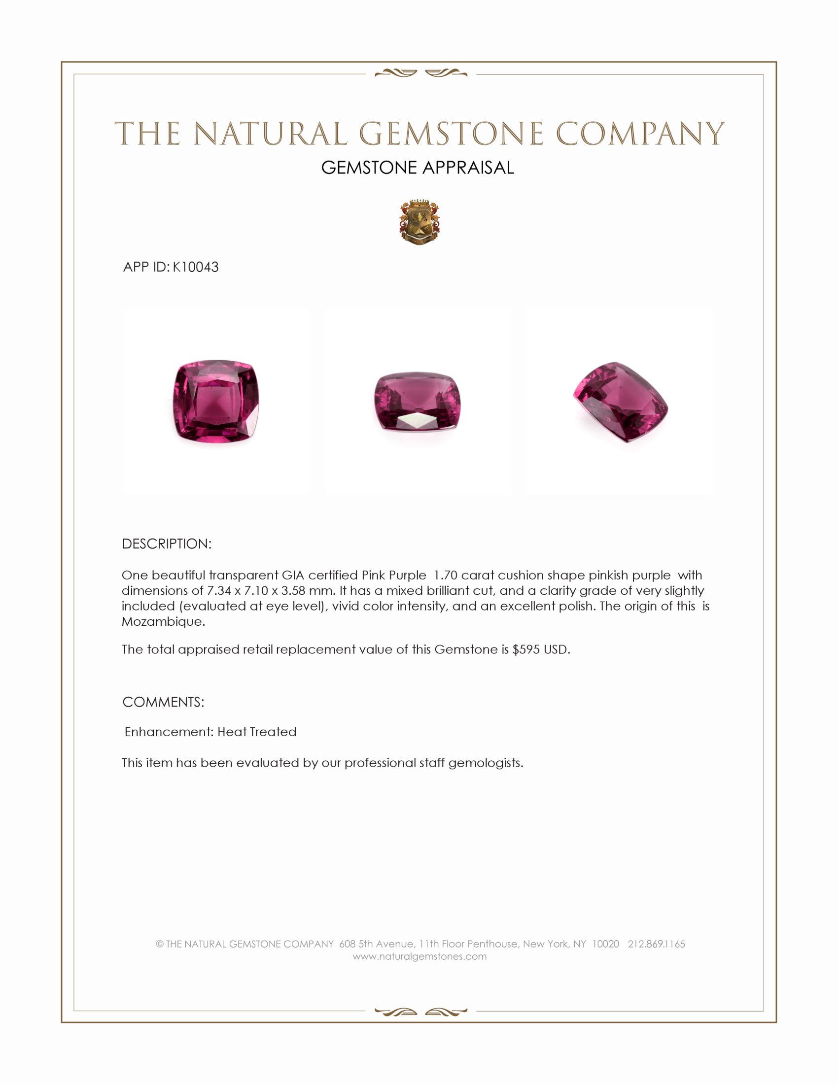 1.70 Ct. Pinkish Purple Rhodolite Garnet from Mozambique