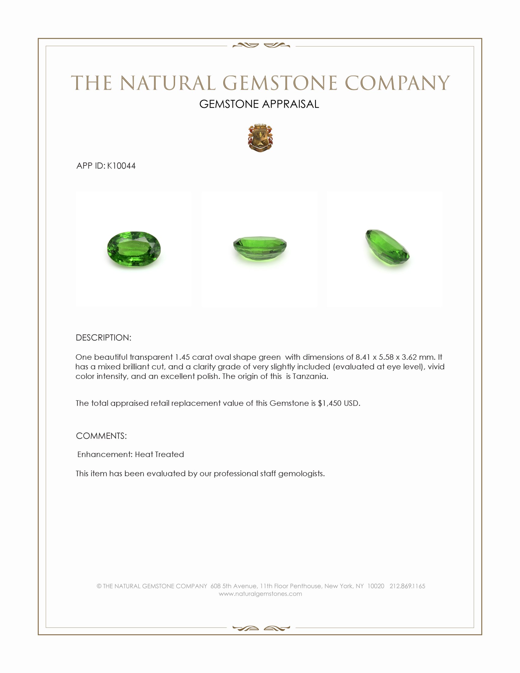 1.45 Ct. Green Grossular Garnet from Tanzania