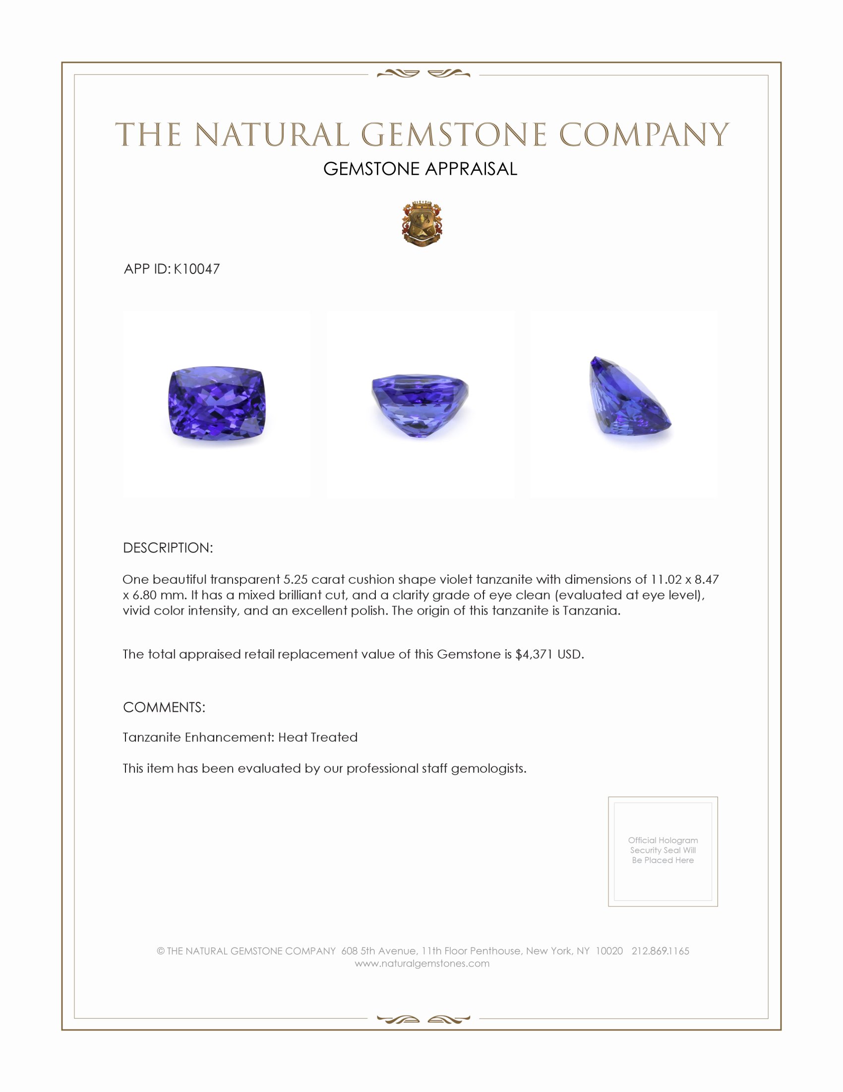 5.25 Ct. Tanzanite from Tanzania