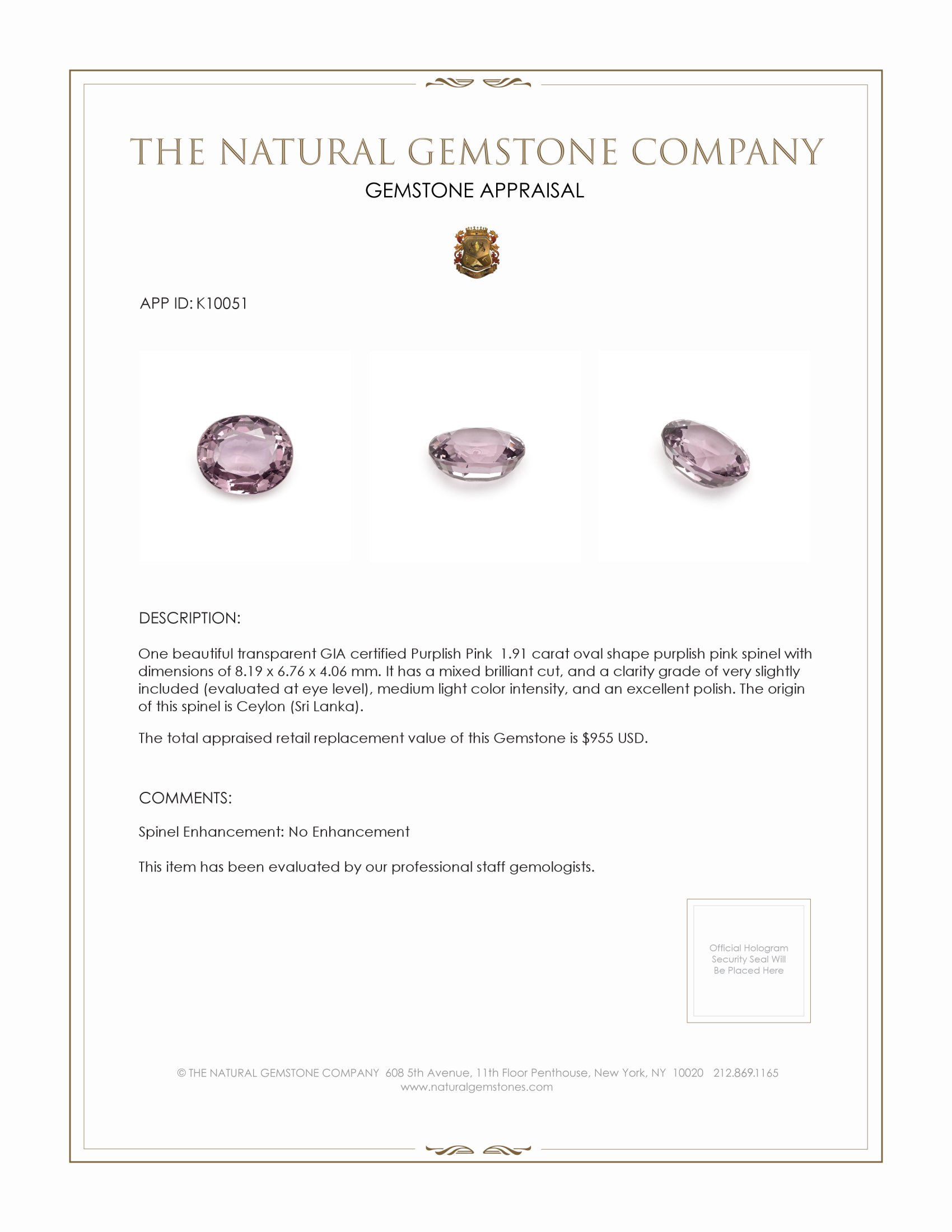 1.91 Ct. Purplish Pink Spinel from Ceylon (Sri Lanka)