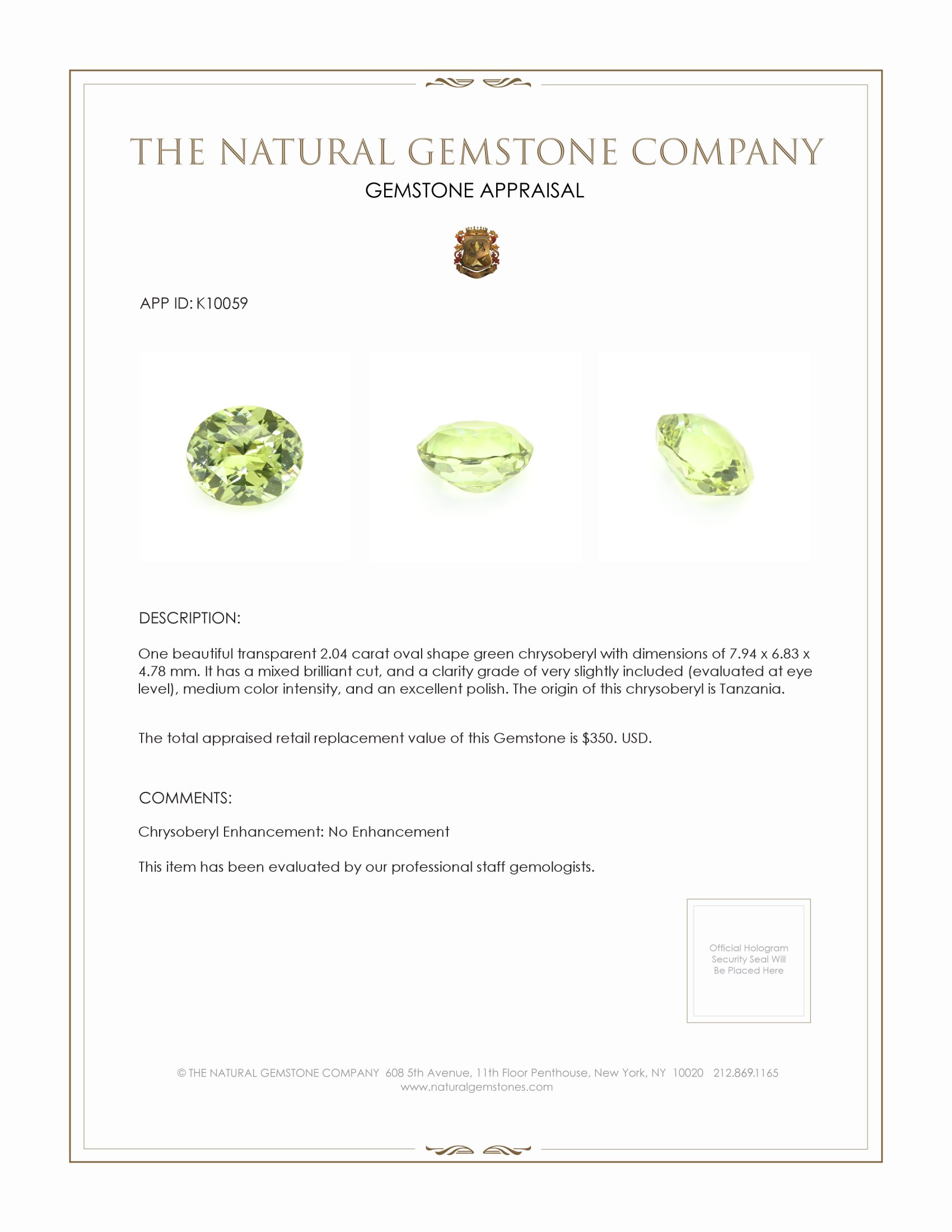 2.04 Ct. Chrysoberyl from Tanzania