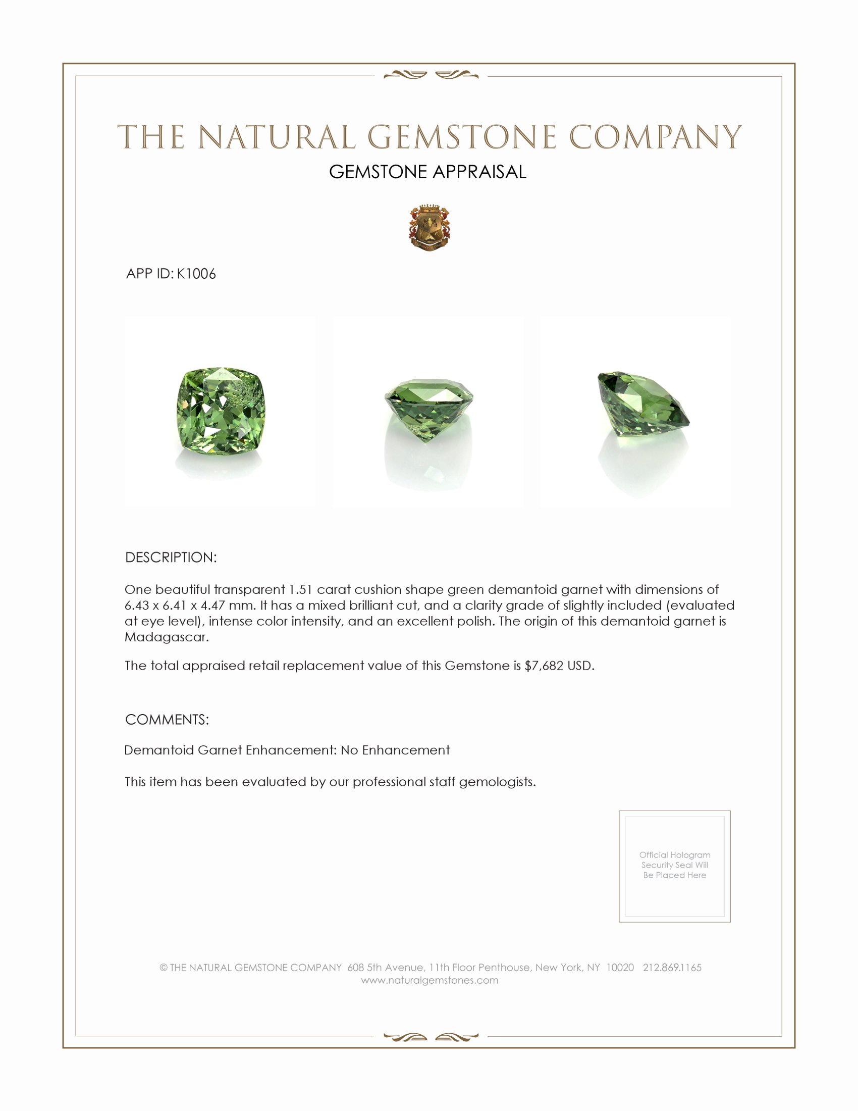 1.51 Ct. Demantoid Garnet from Madagascar