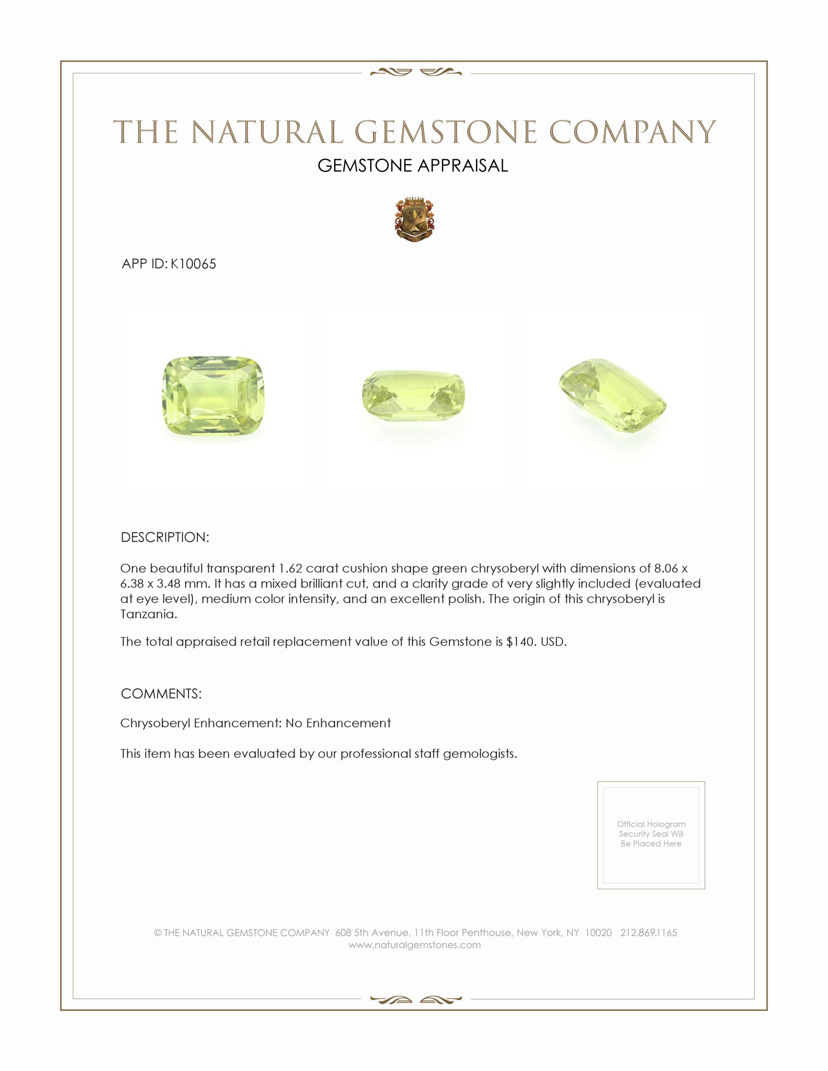1.62 Ct. Chrysoberyl from Tanzania
