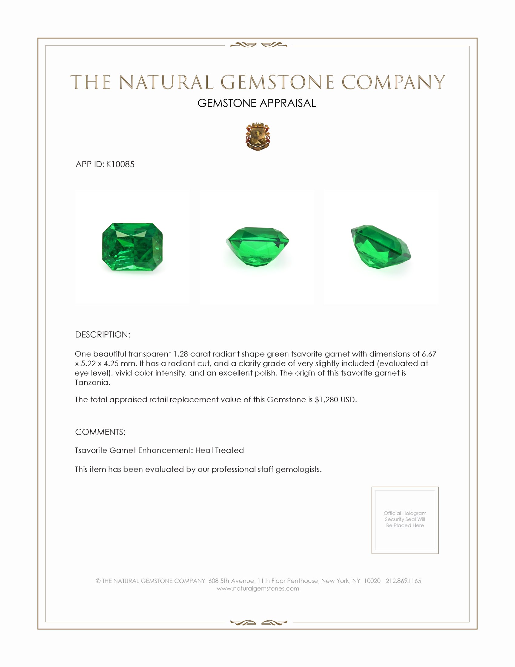 1.28 Ct. Tsavorite Garnet from Tanzania