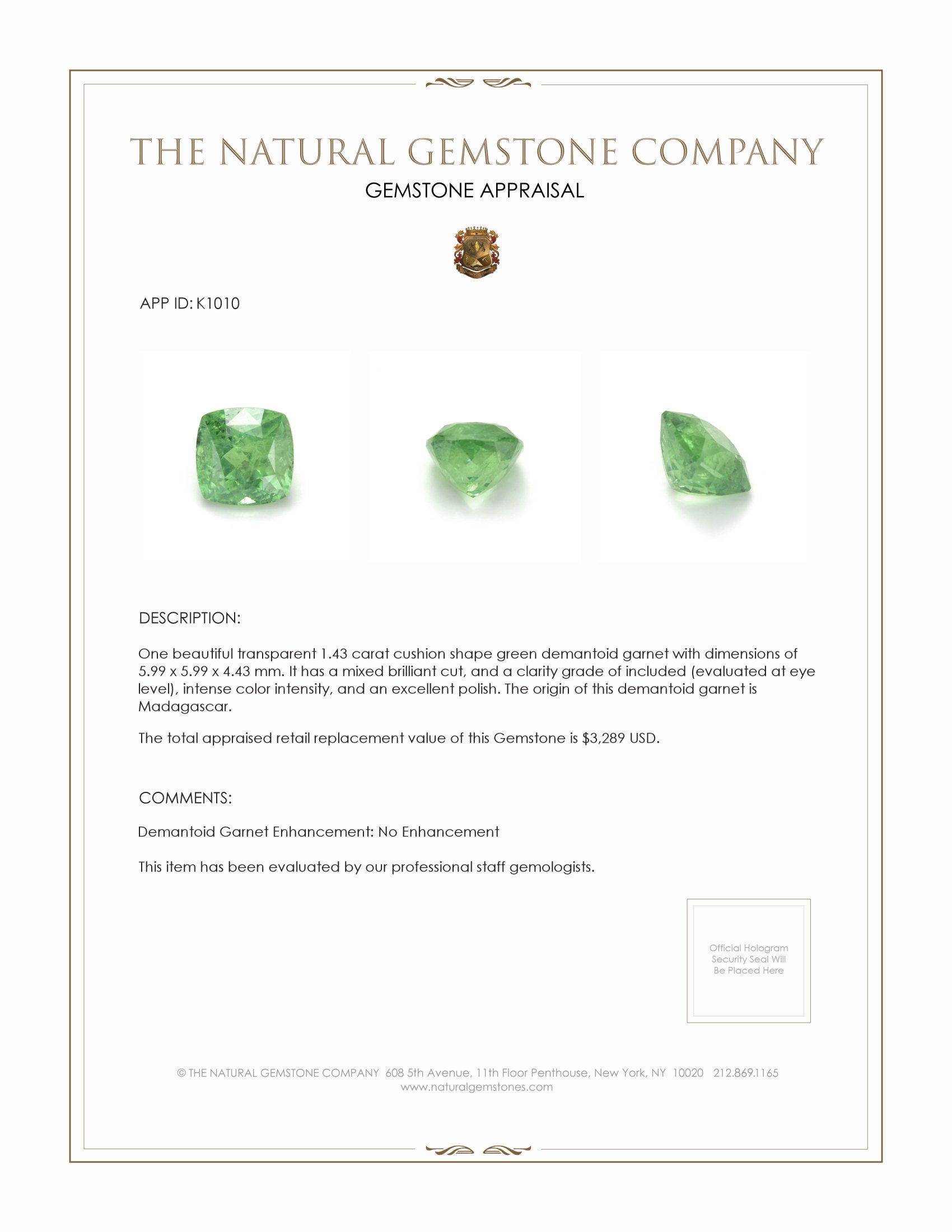 1.43 Ct. Demantoid Garnet from Madagascar