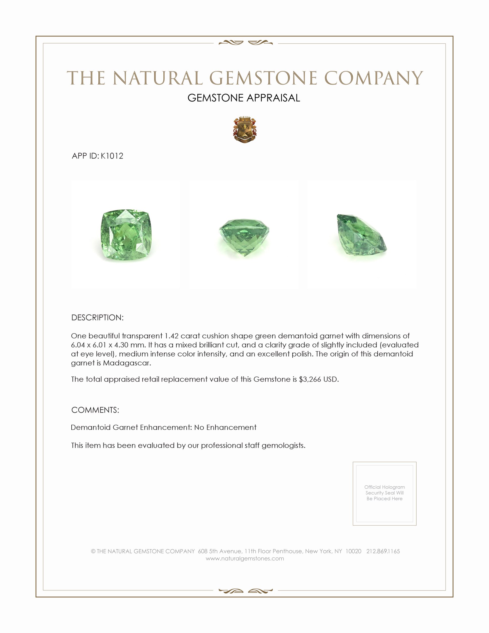 1.42 Ct. Demantoid Garnet from Madagascar