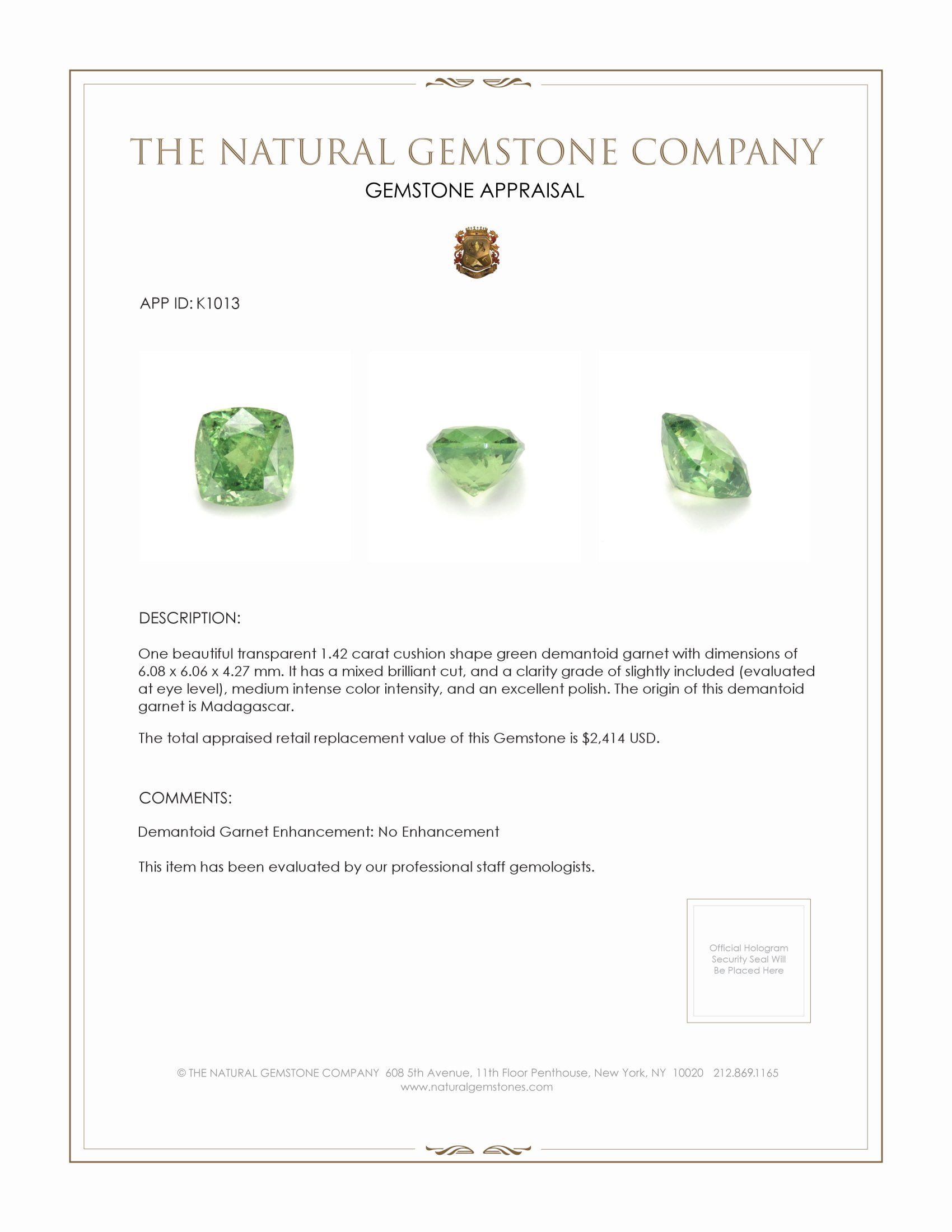1.42 Ct. Green Demantoid Garnet from Madagascar