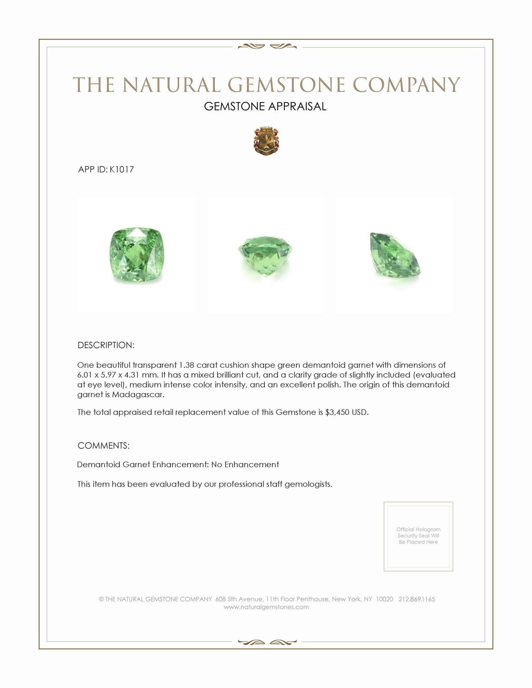 1.38 Ct. Demantoid Garnet from Madagascar