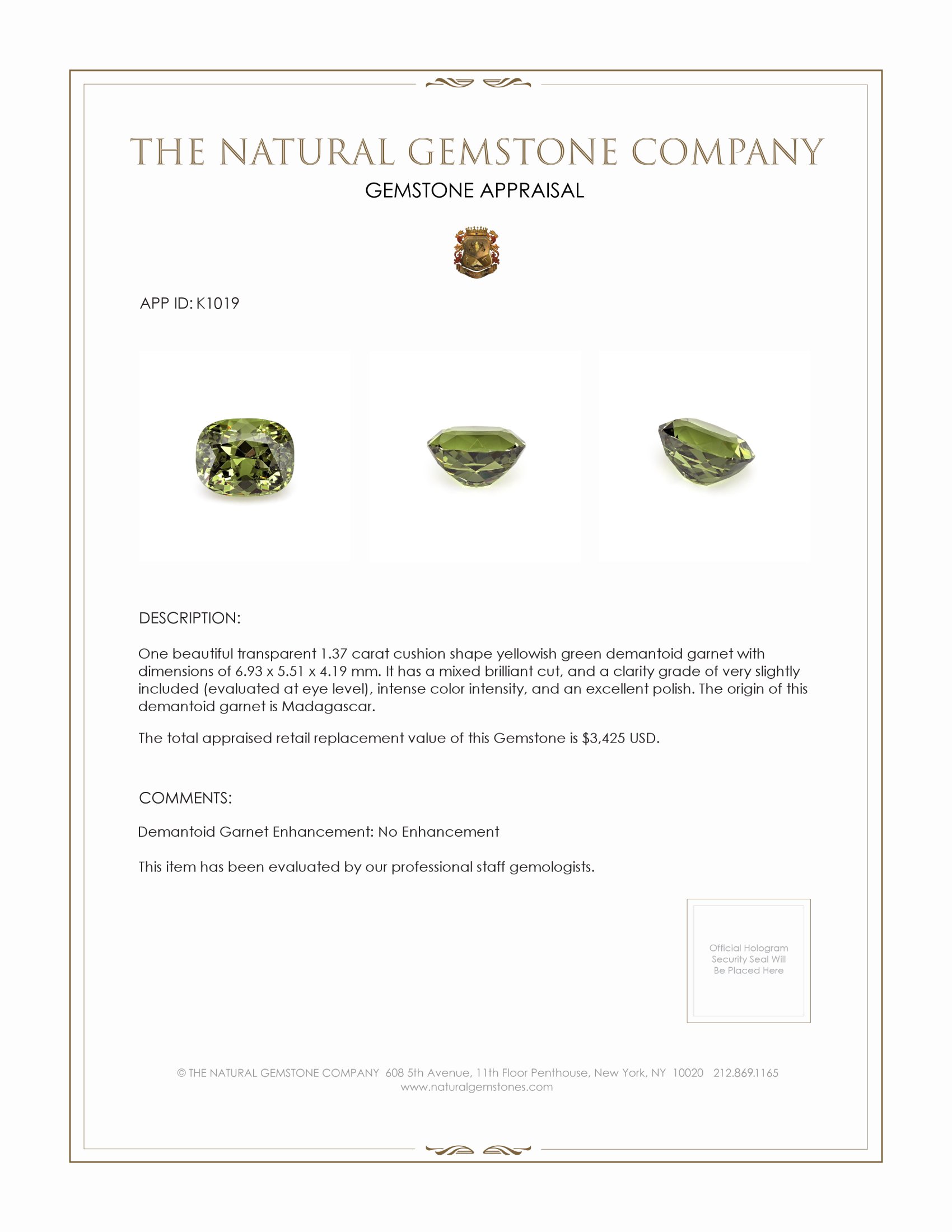 1.37 Ct. Demantoid Garnet from Madagascar