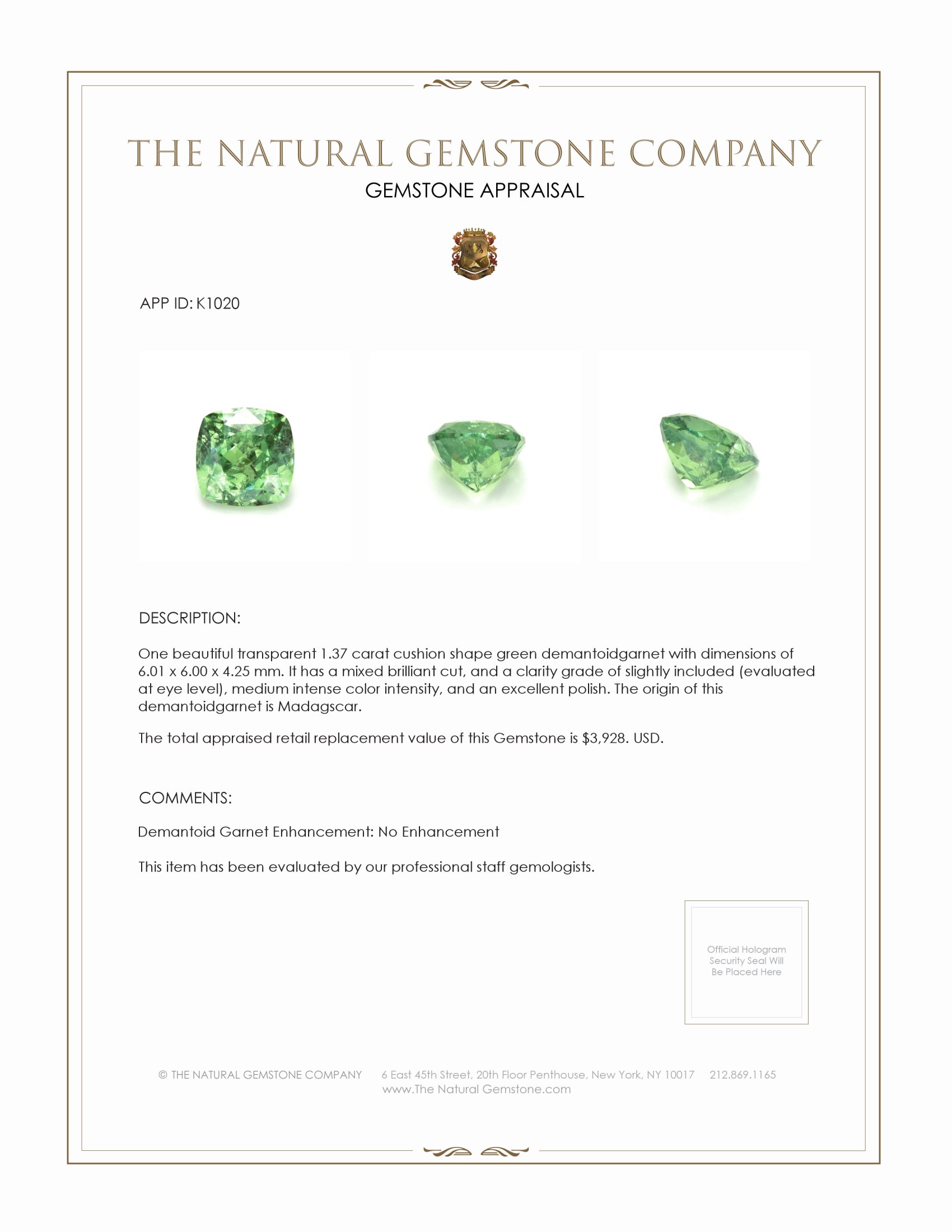 1.37 Ct. Demantoid Garnet from Madagascar