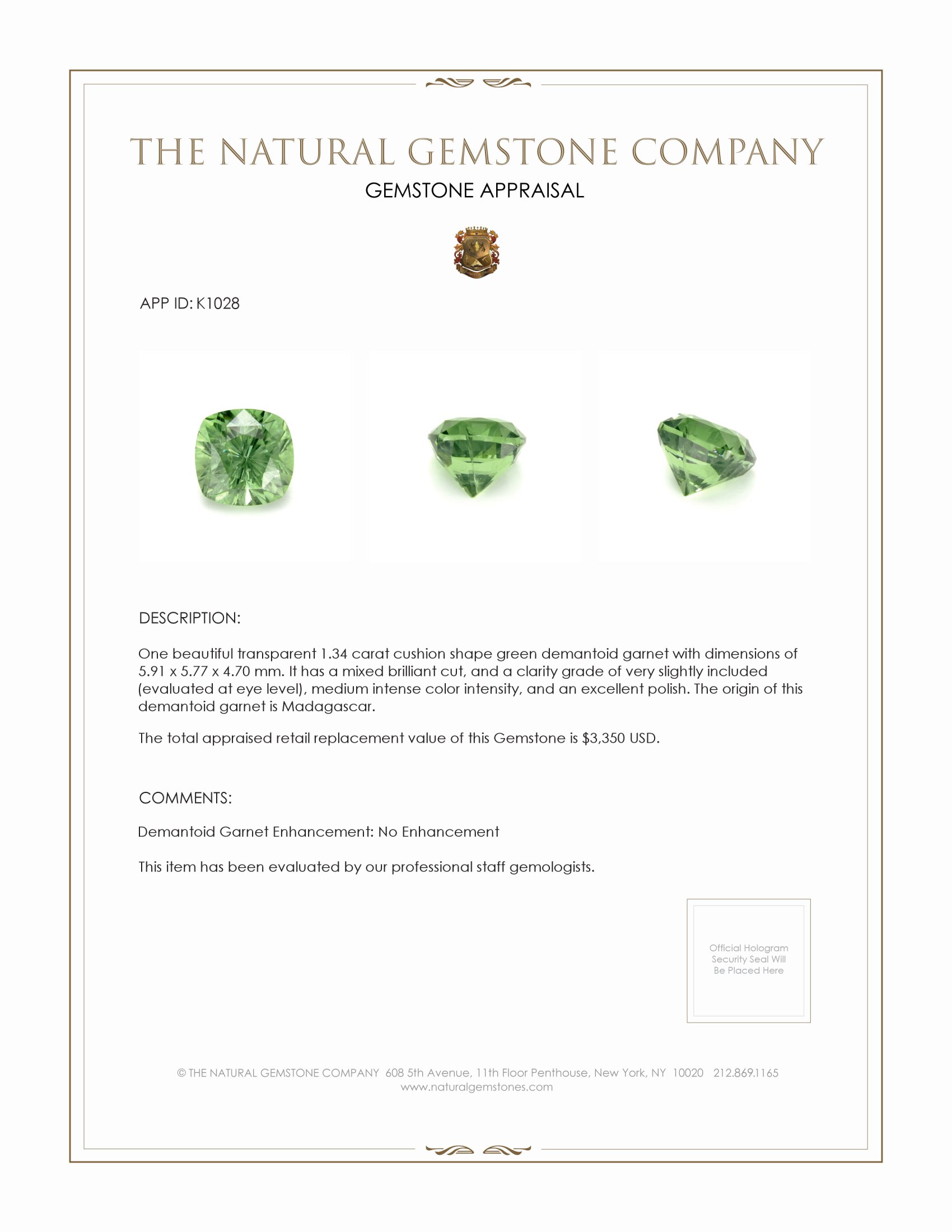 1.34 Ct. Demantoid Garnet from Madagascar