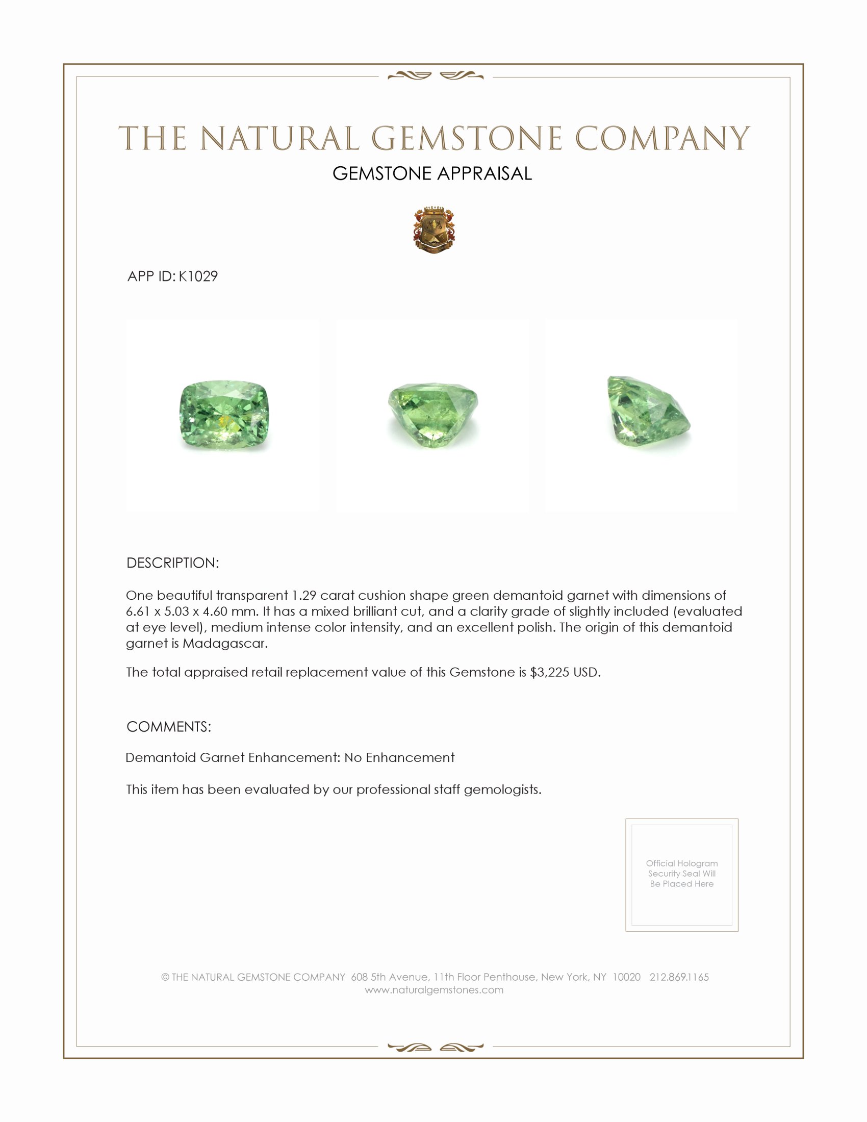 1.29 Ct. Demantoid Garnet from Madagascar