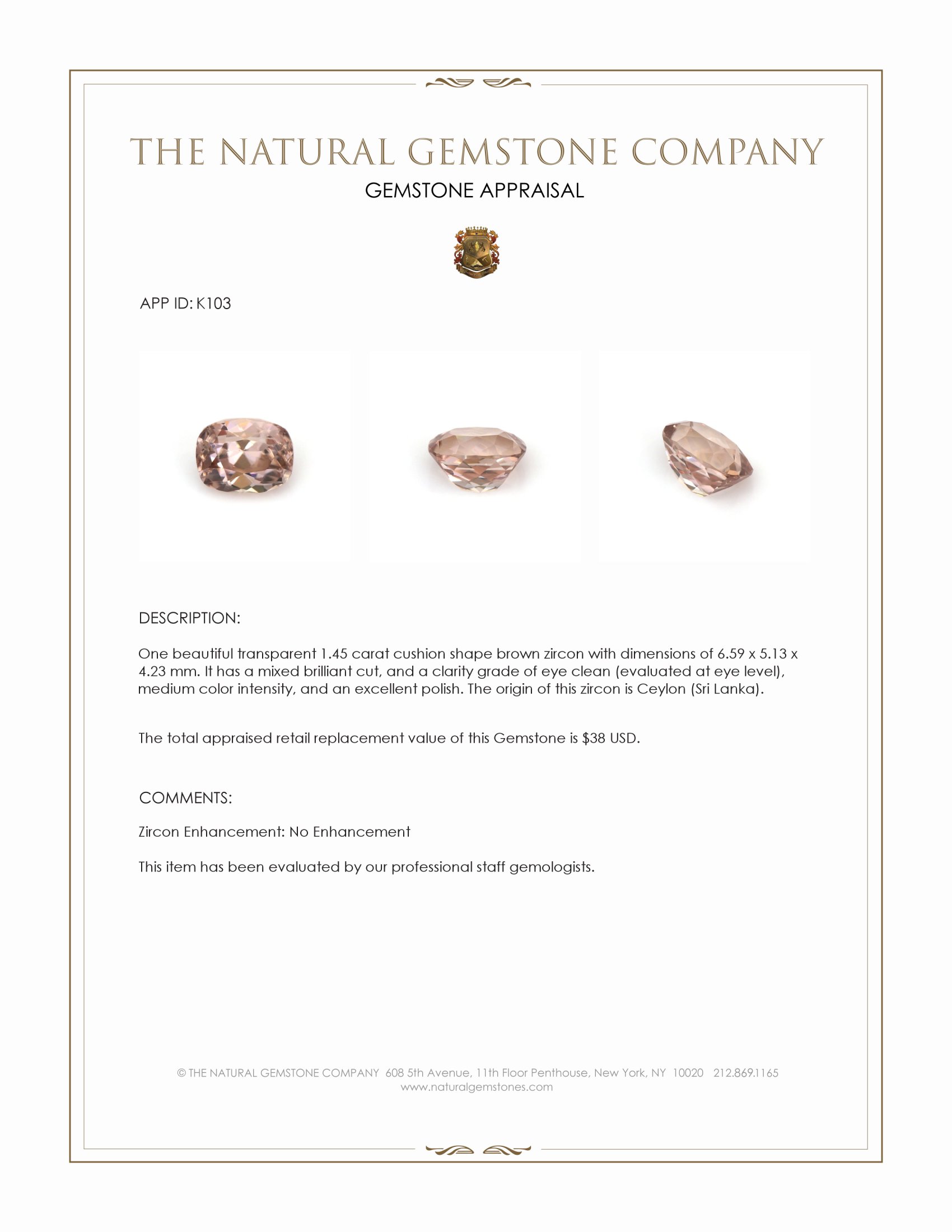 1.45 Ct. Brown Zircon from Ceylon (Sri Lanka)