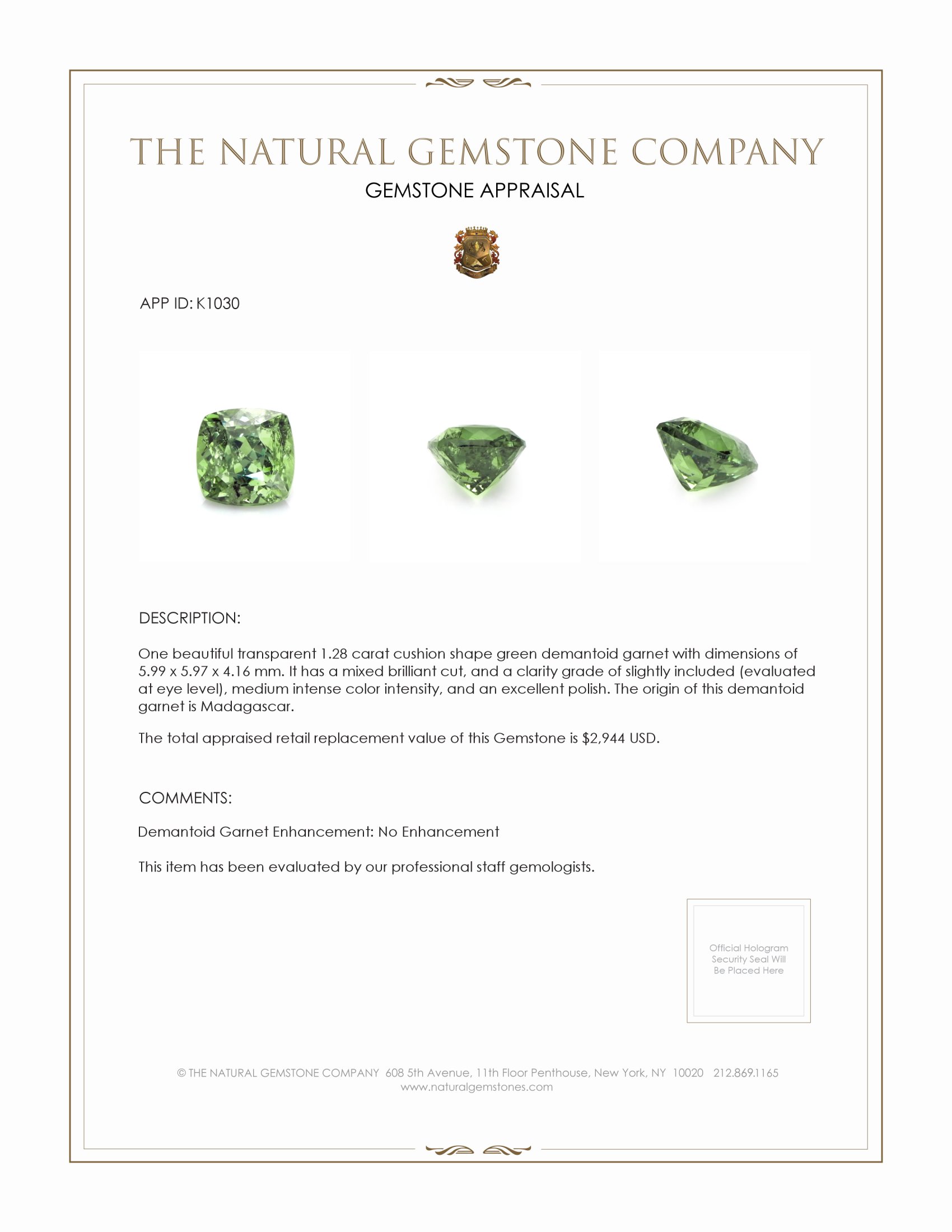 1.28 Ct. Demantoid Garnet from Madagascar
