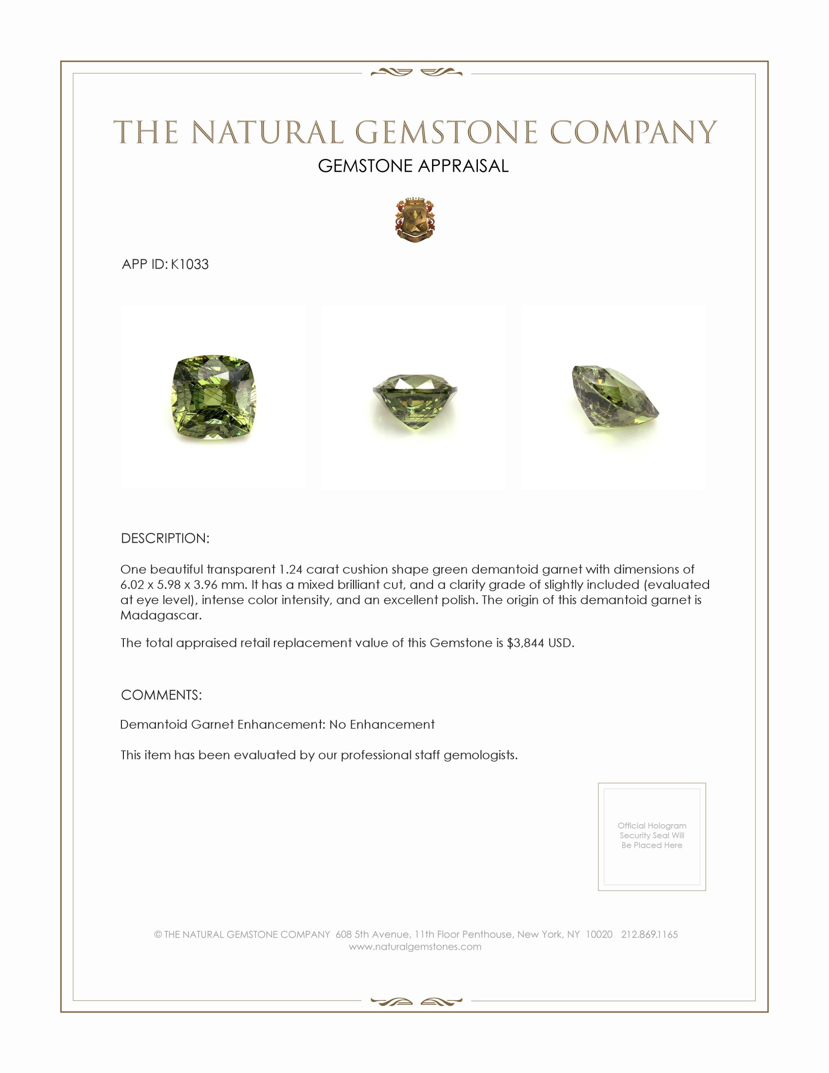1.24 Ct. Demantoid Garnet from Madagascar