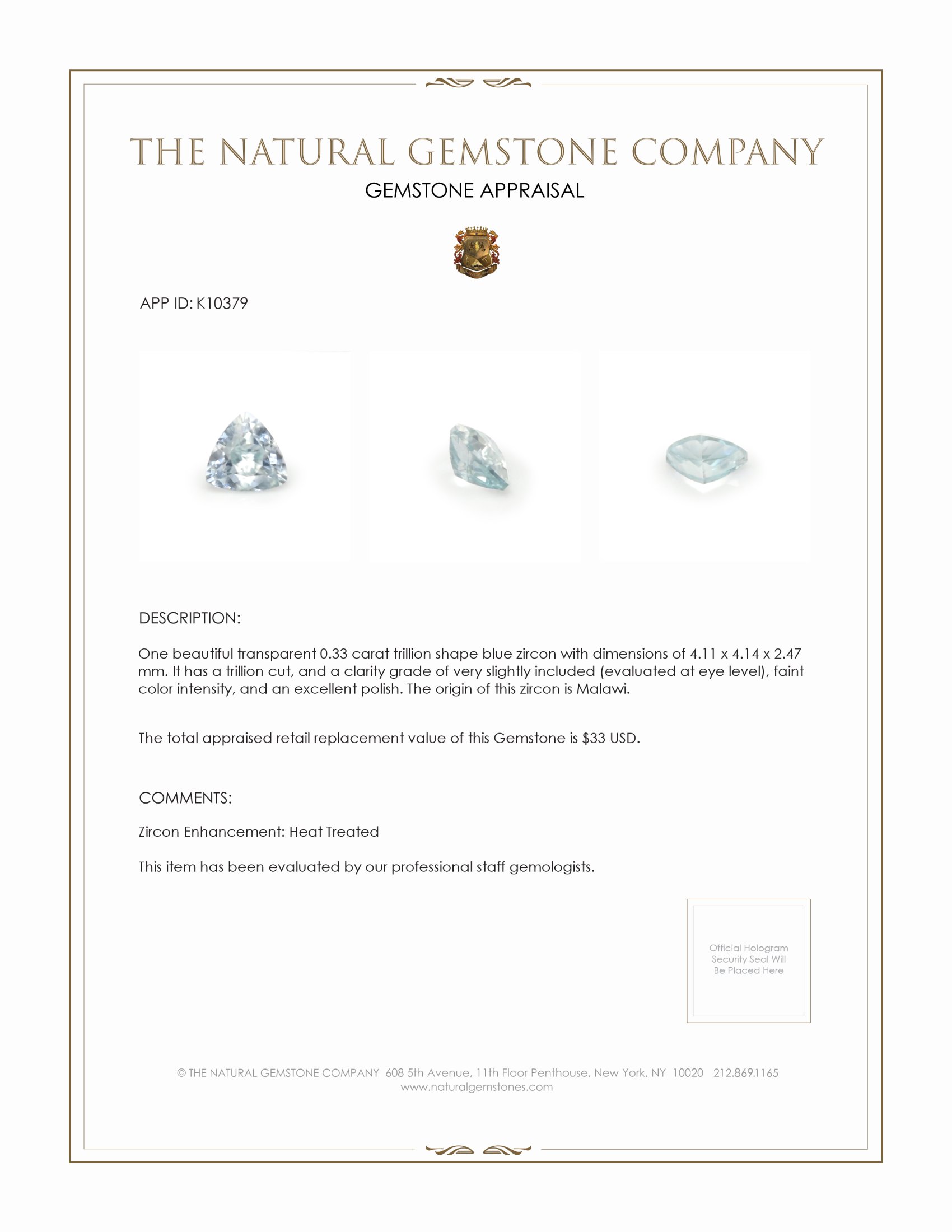 0.33 Ct. Blue Zircon from Malawi