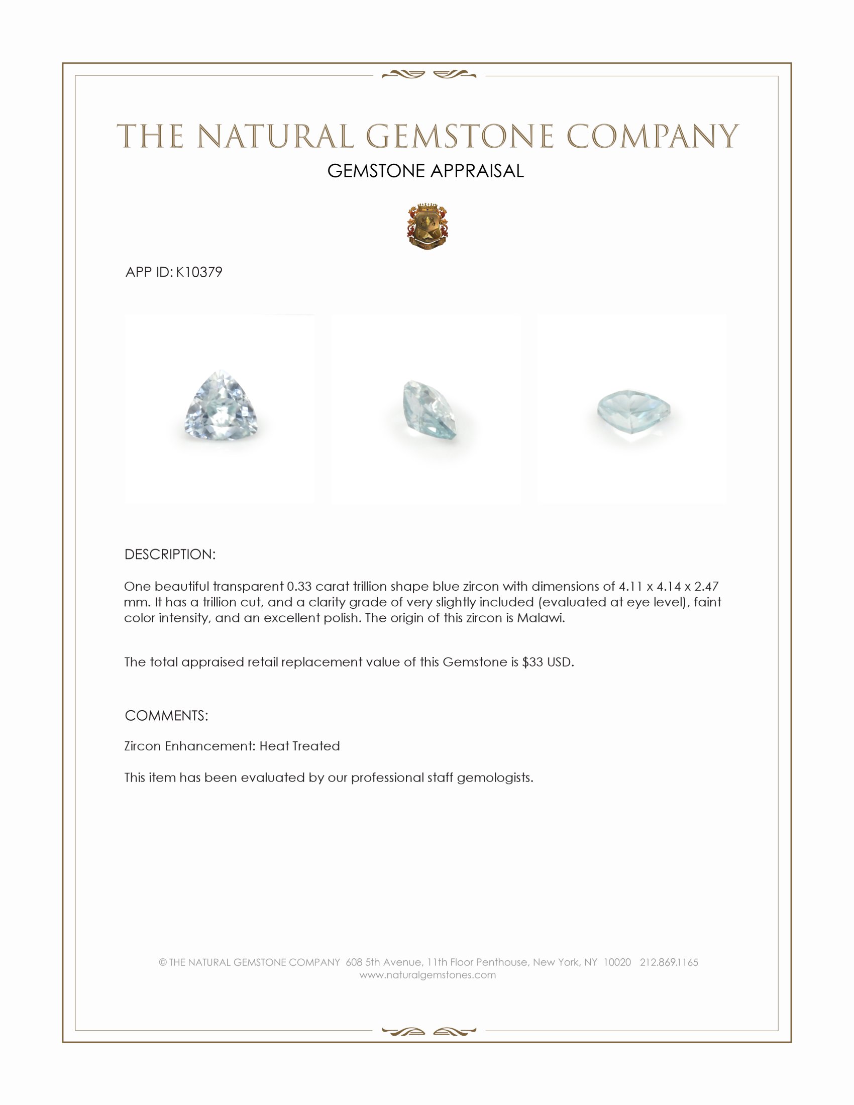 0.33 Ct. Zircon from Malawi