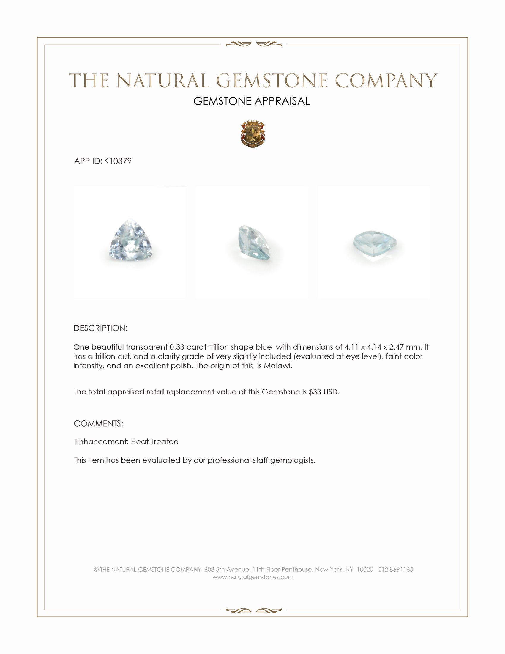 0.33 Ct. Blue Zircon from Malawi