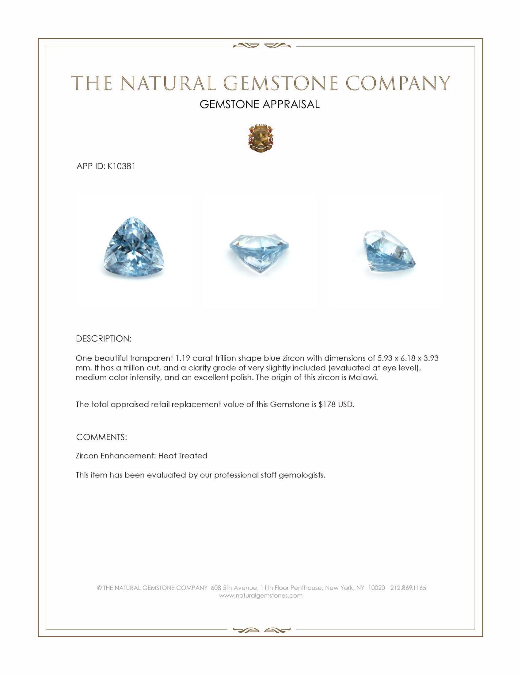 1.19 Ct. Blue Zircon from Malawi