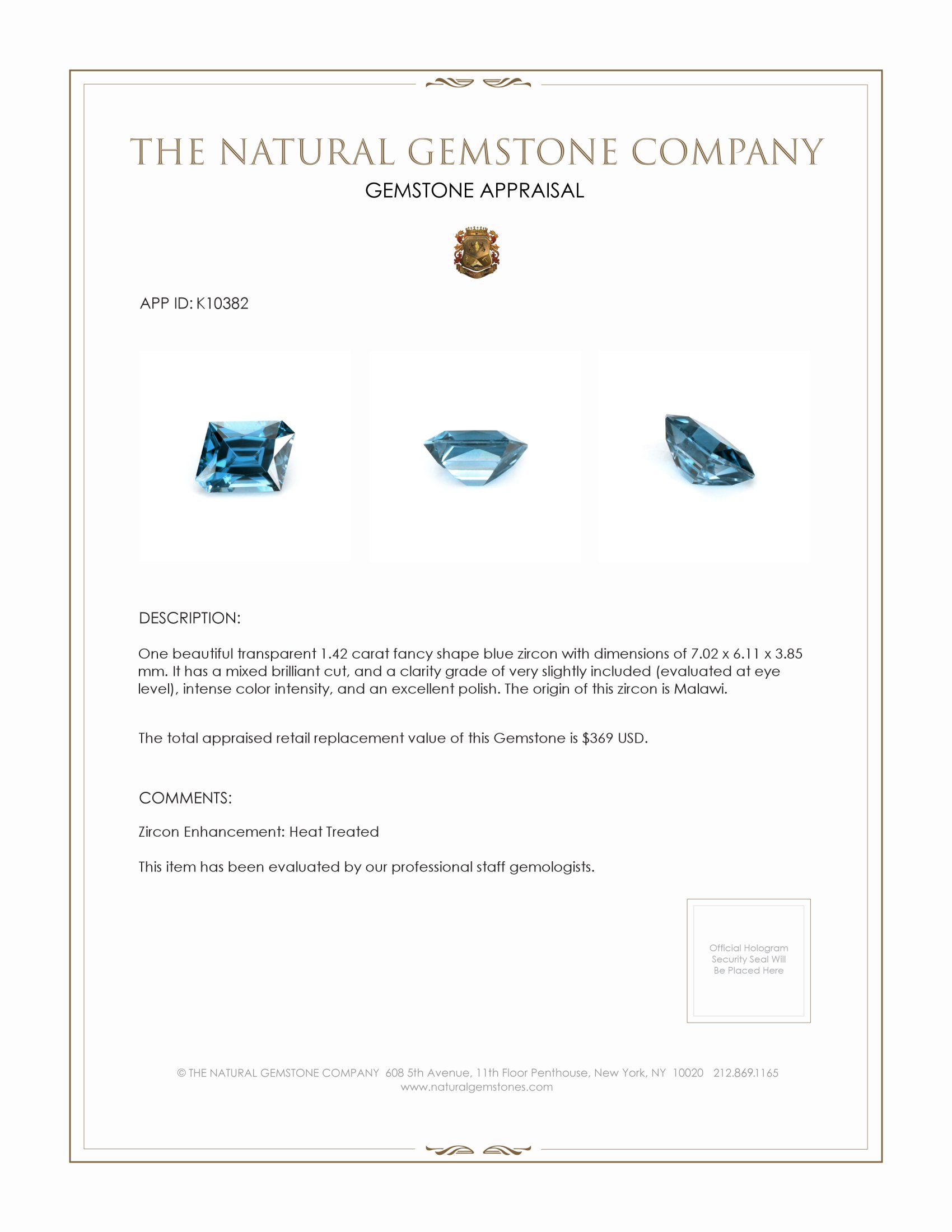 1.42 Ct. Zircon from Malawi