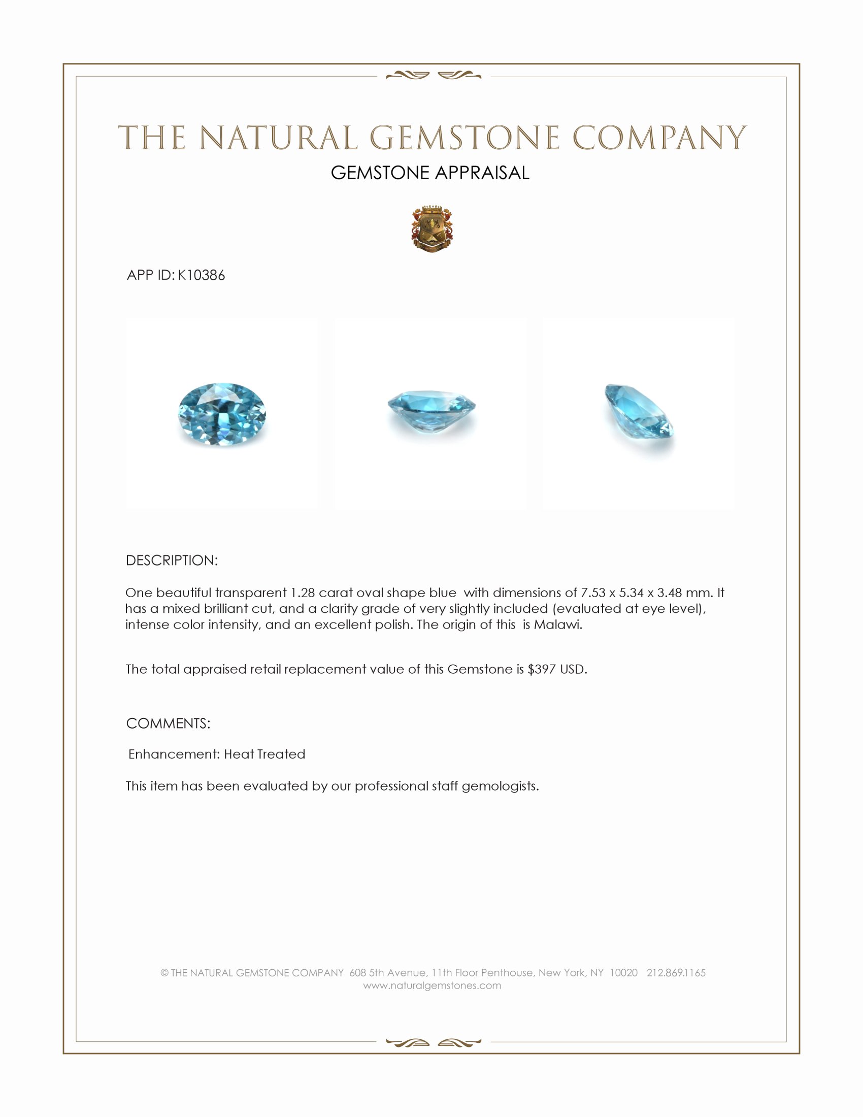 1.28 Ct. Blue Zircon from Malawi