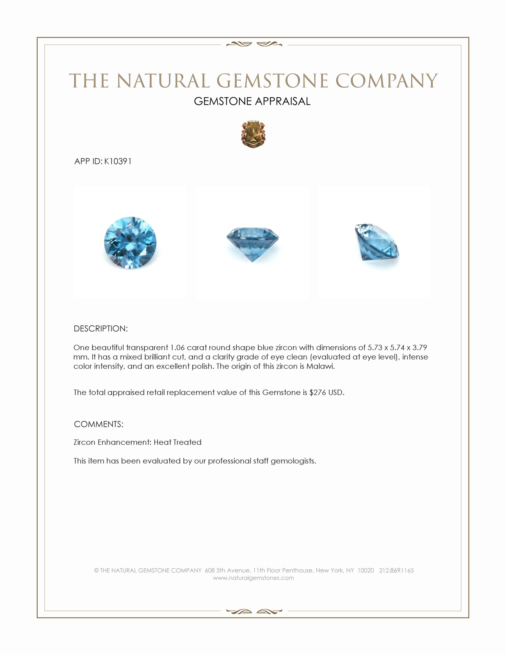 1.06 Ct. Blue Zircon from Malawi