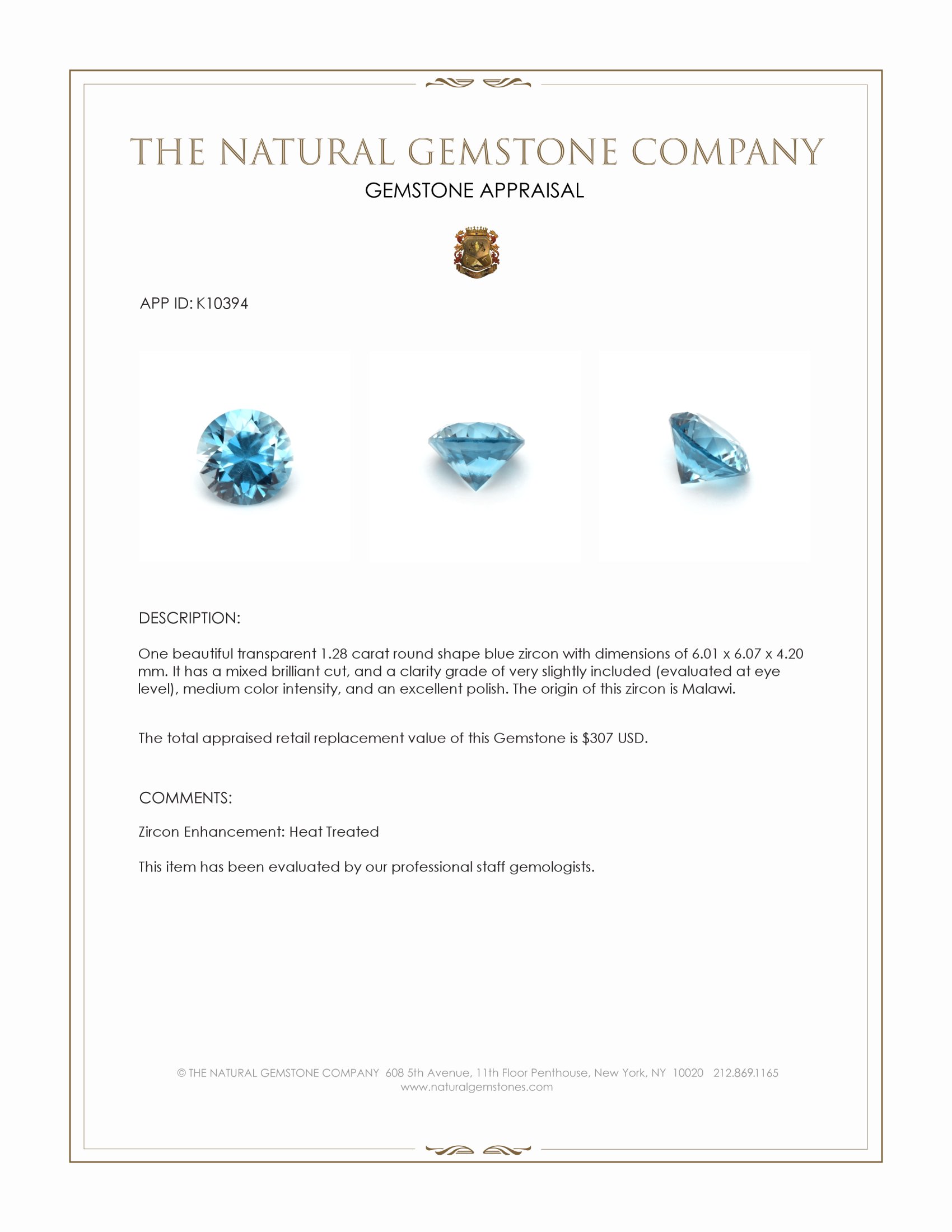 1.28 Ct. Zircon from Malawi