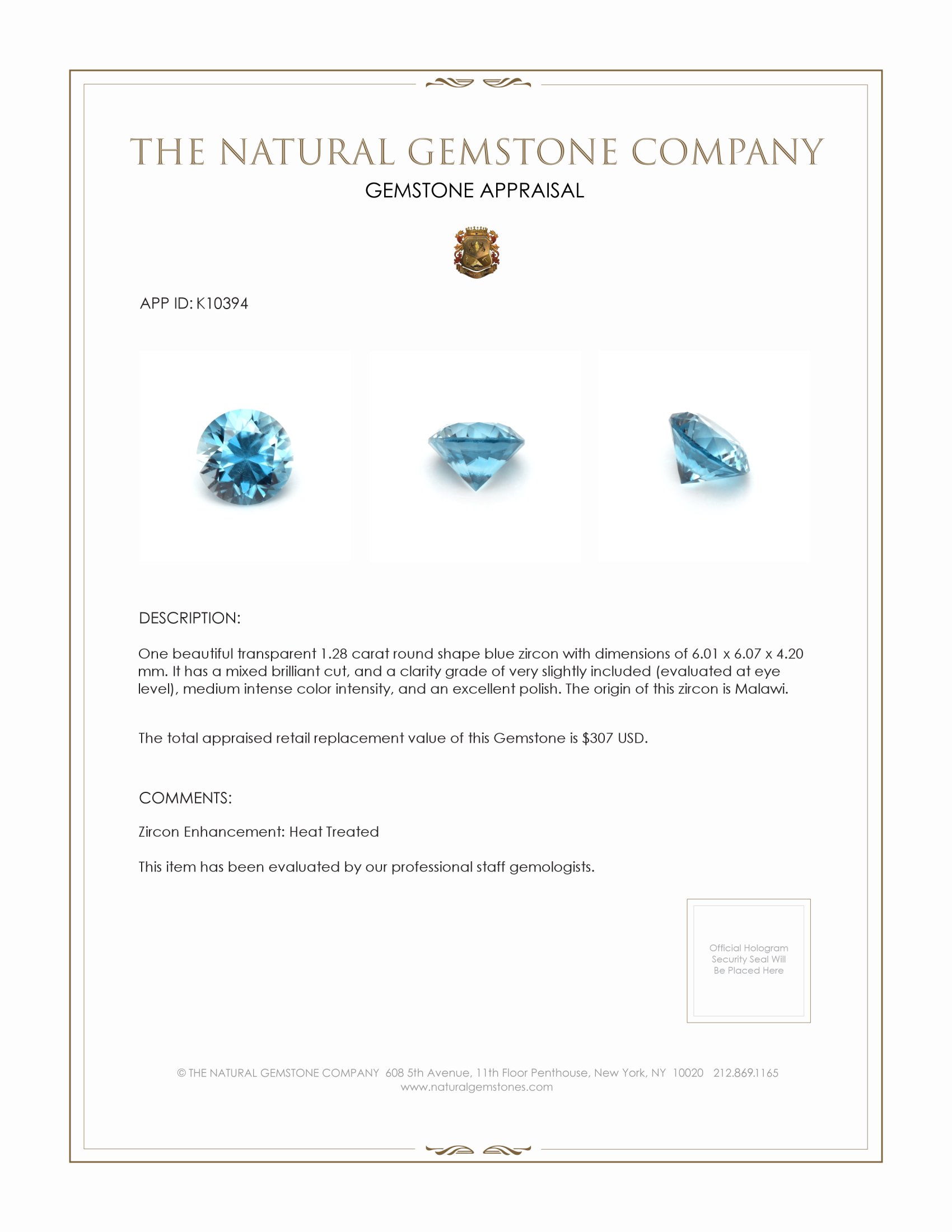 1.28 Ct. Zircon from Malawi