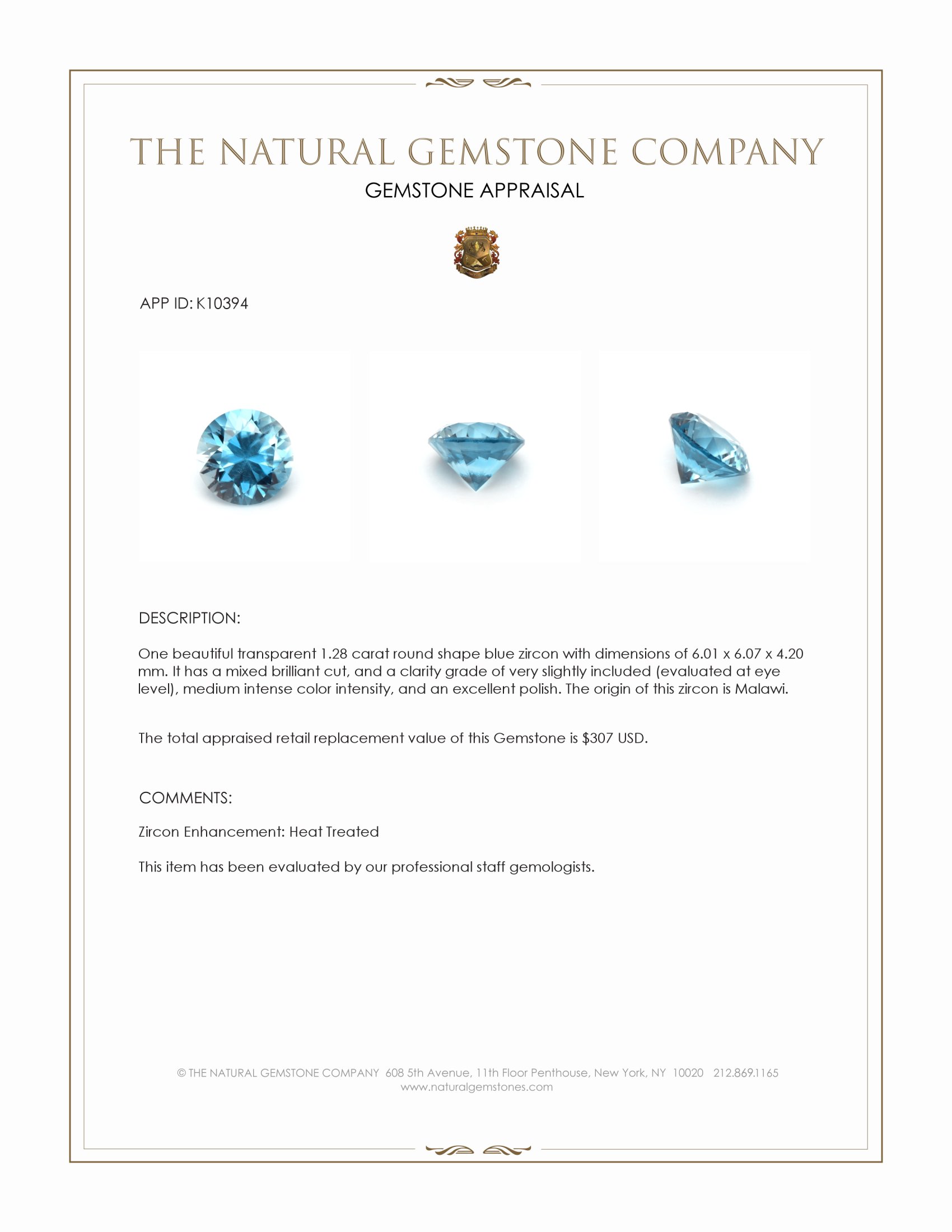 1.28 Ct. Zircon from Malawi