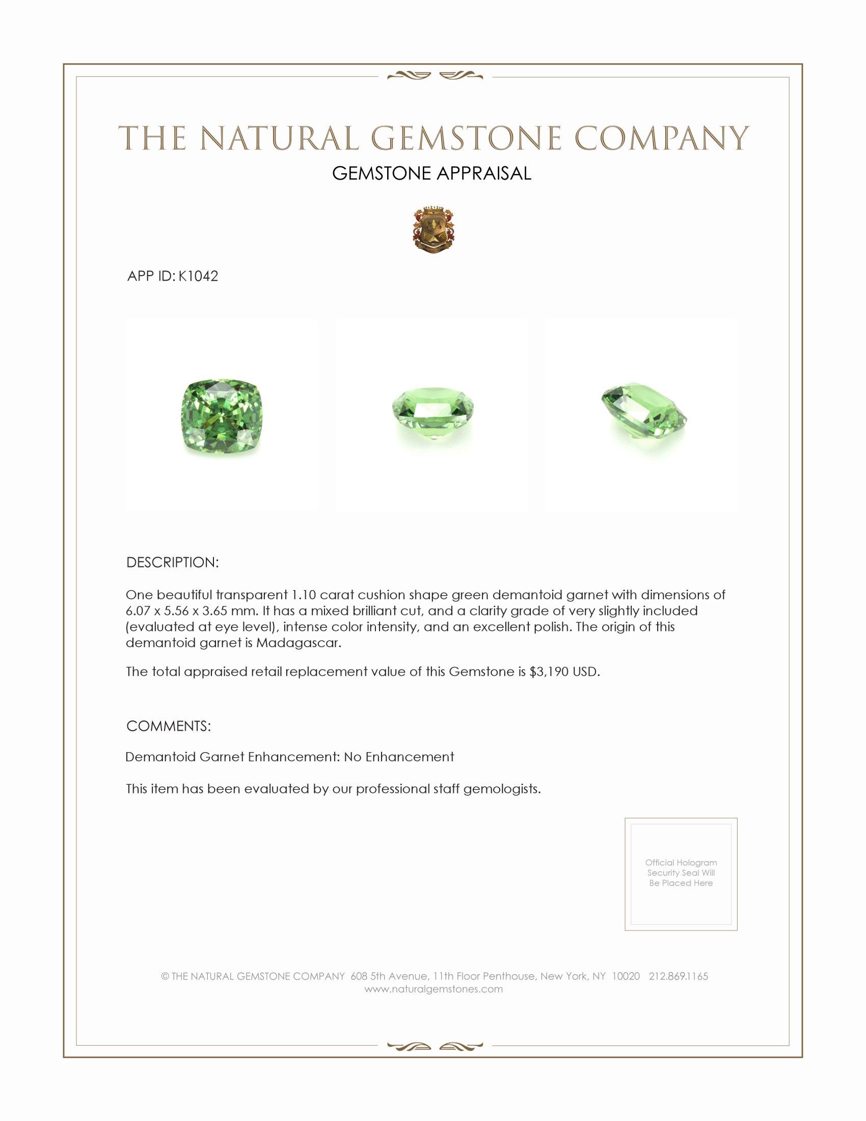 1.10 Ct. Demantoid Garnet from Madagascar