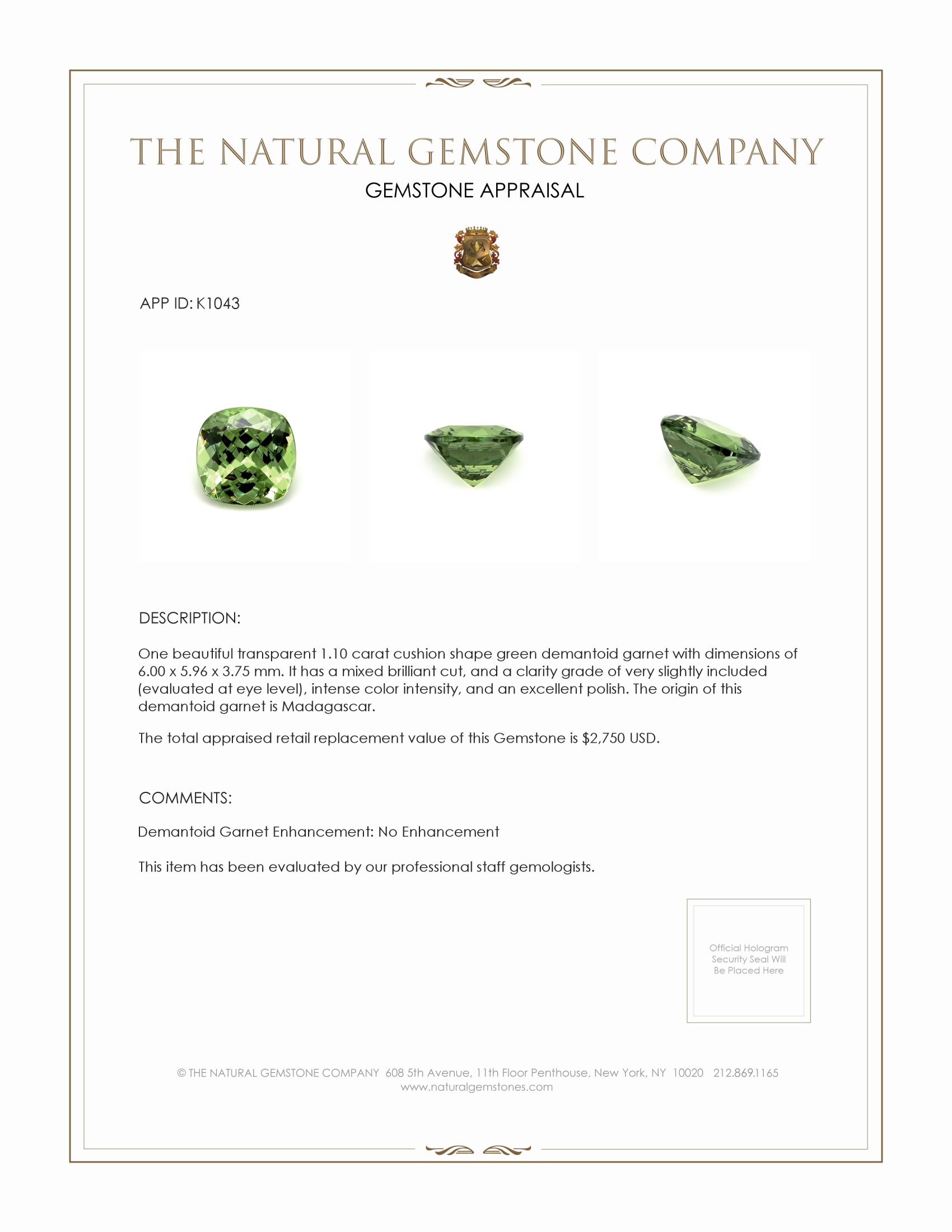 1.10 Ct. Demantoid Garnet from Madagascar