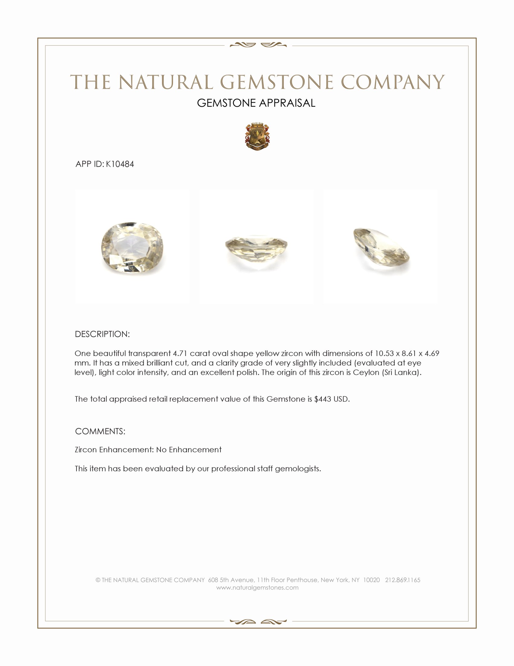 4.71 Ct. Zircon from Ceylon (Sri Lanka)