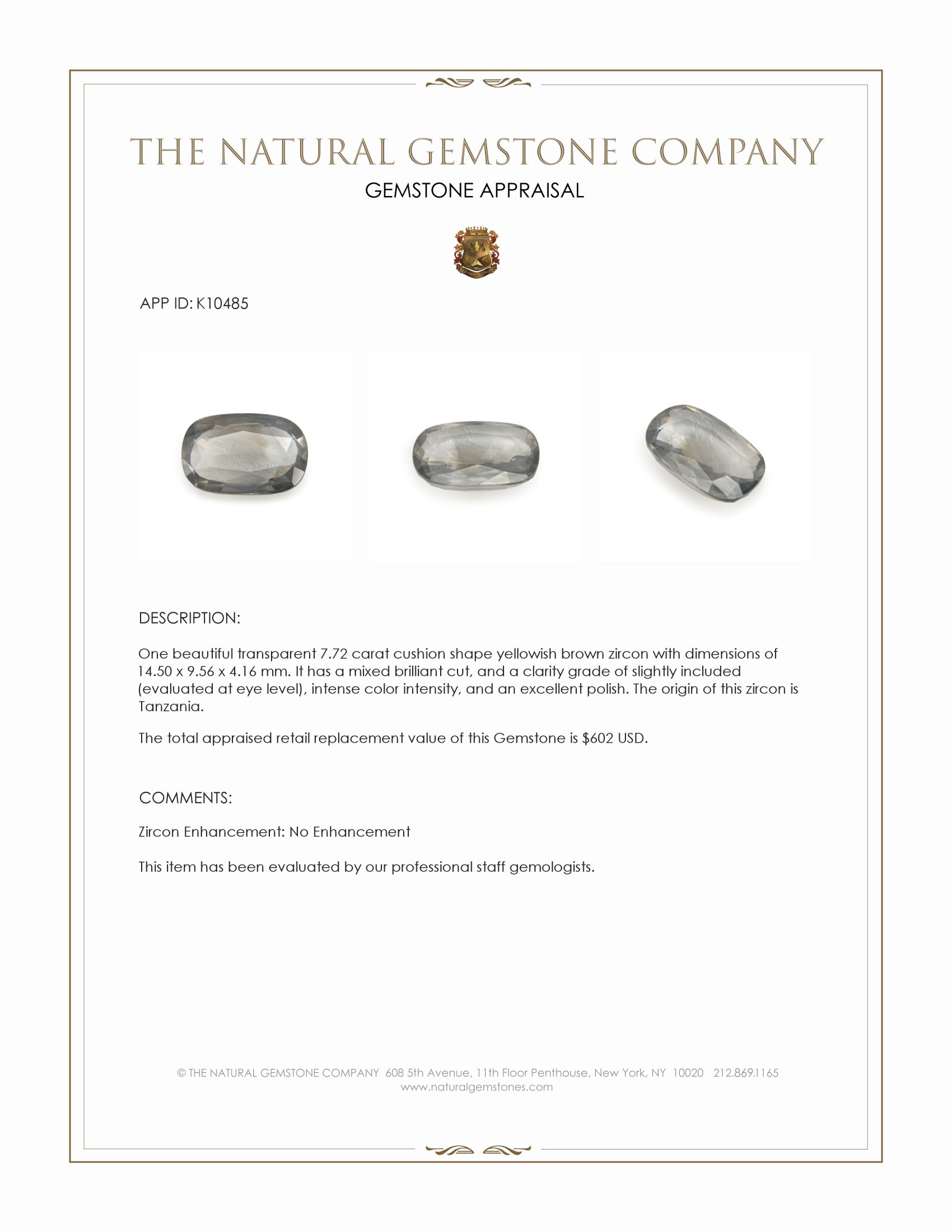 7.72 Ct. Yellowish Brown Zircon from Tanzania