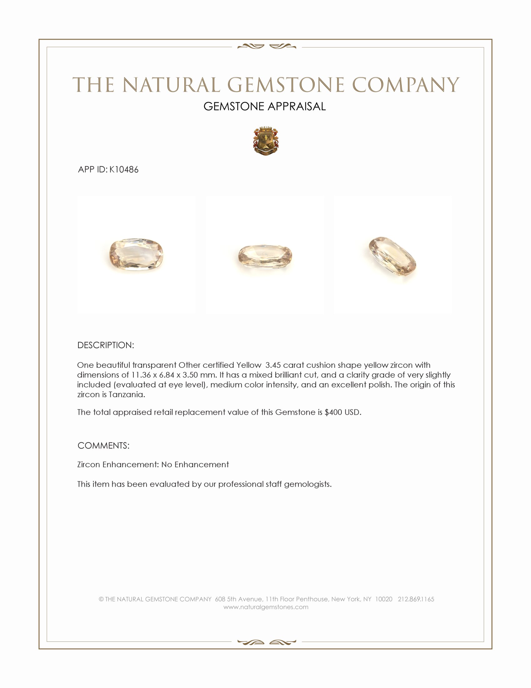 3.45 Ct. Yellow Zircon from Tanzania