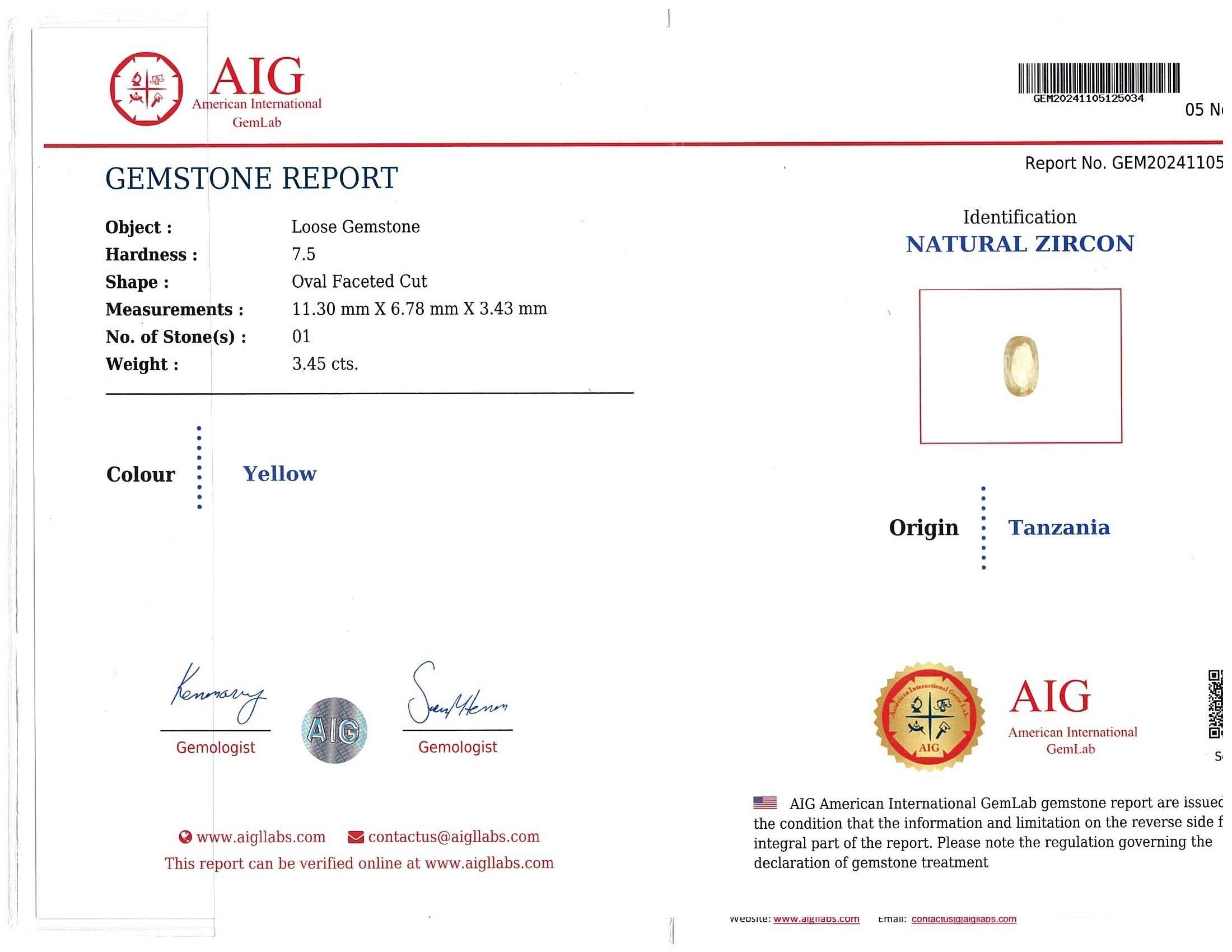 3.45 Ct. Zircon from Tanzania