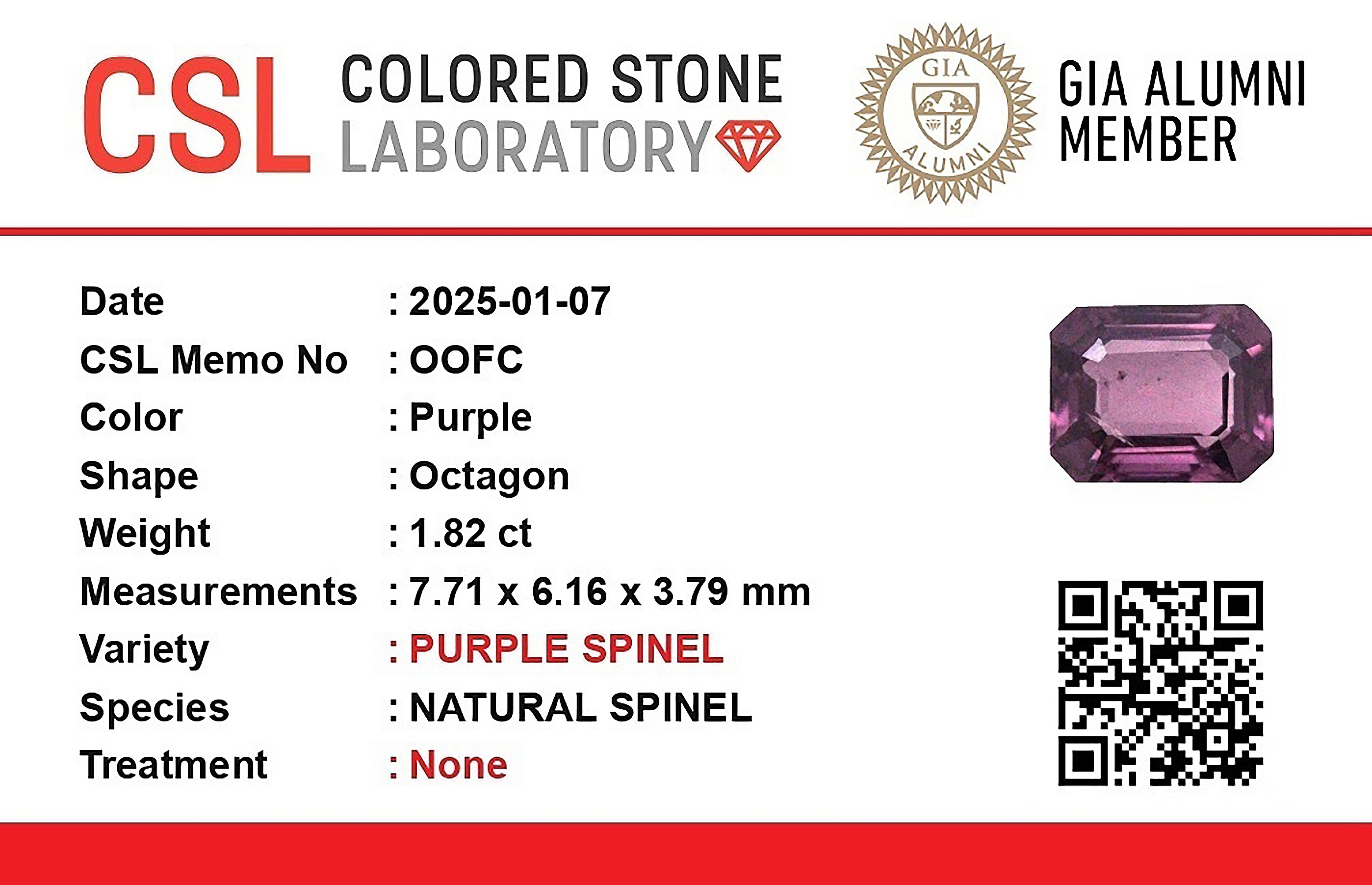 1.82 Ct. Pinkish Purple Spinel from Ceylon (Sri Lanka)