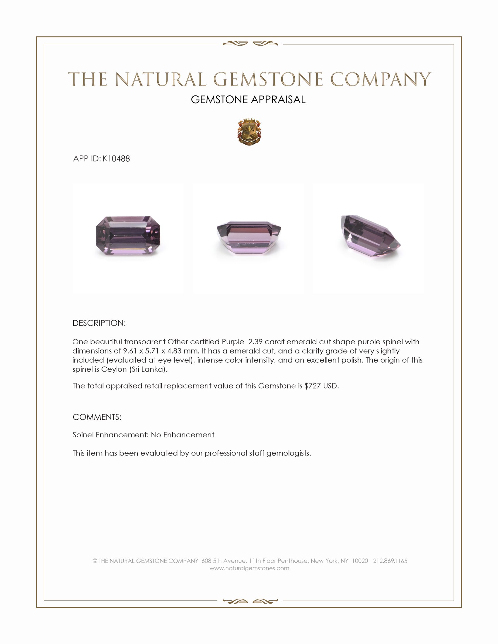 2.39 Ct. Purple Spinel from Ceylon (Sri Lanka)