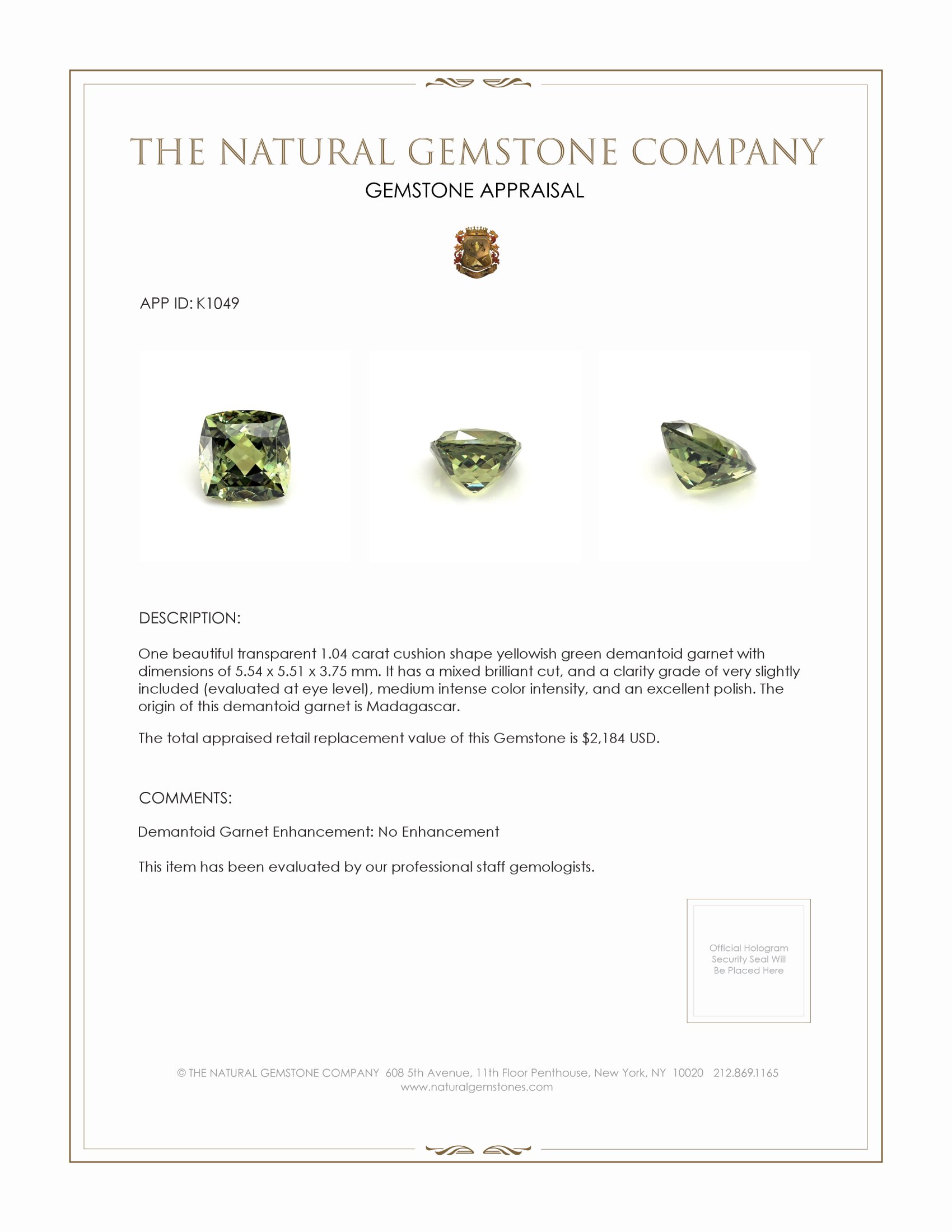 1.04 Ct. Demantoid Garnet from Madagascar