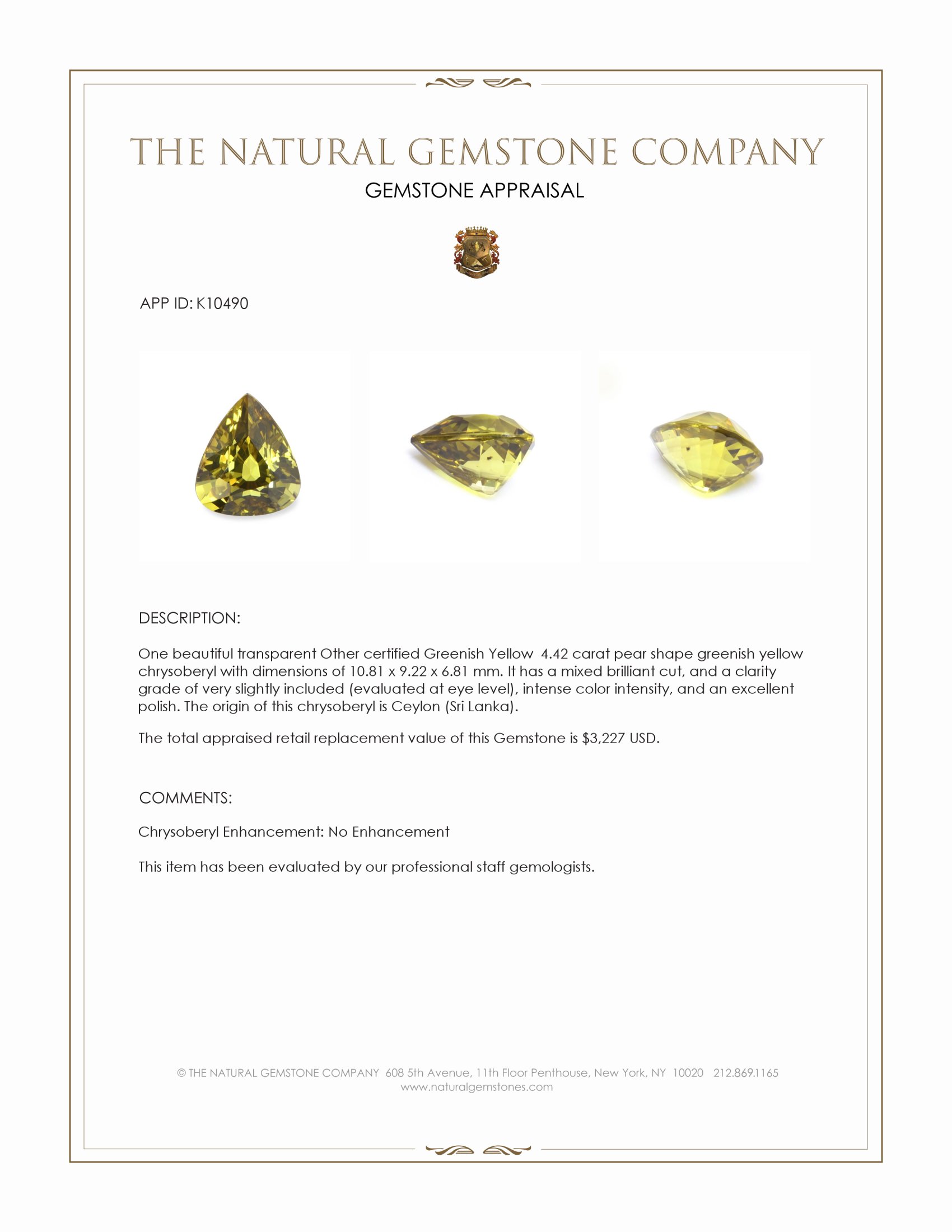 4.42 Ct. Greenish Yellow Chrysoberyl from Ceylon (Sri Lanka)