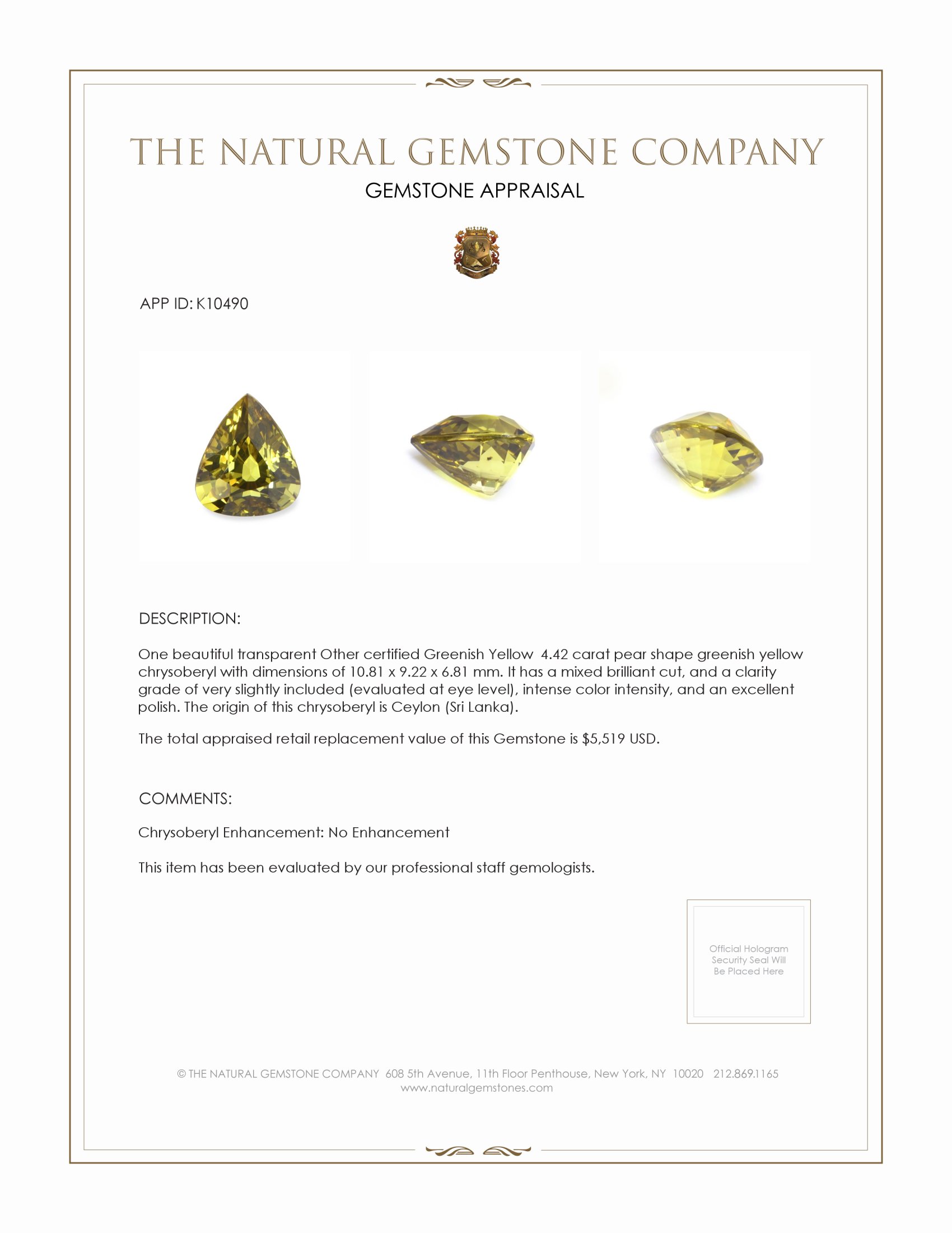 4.42 Ct. Chrysoberyl from Ceylon (Sri Lanka)