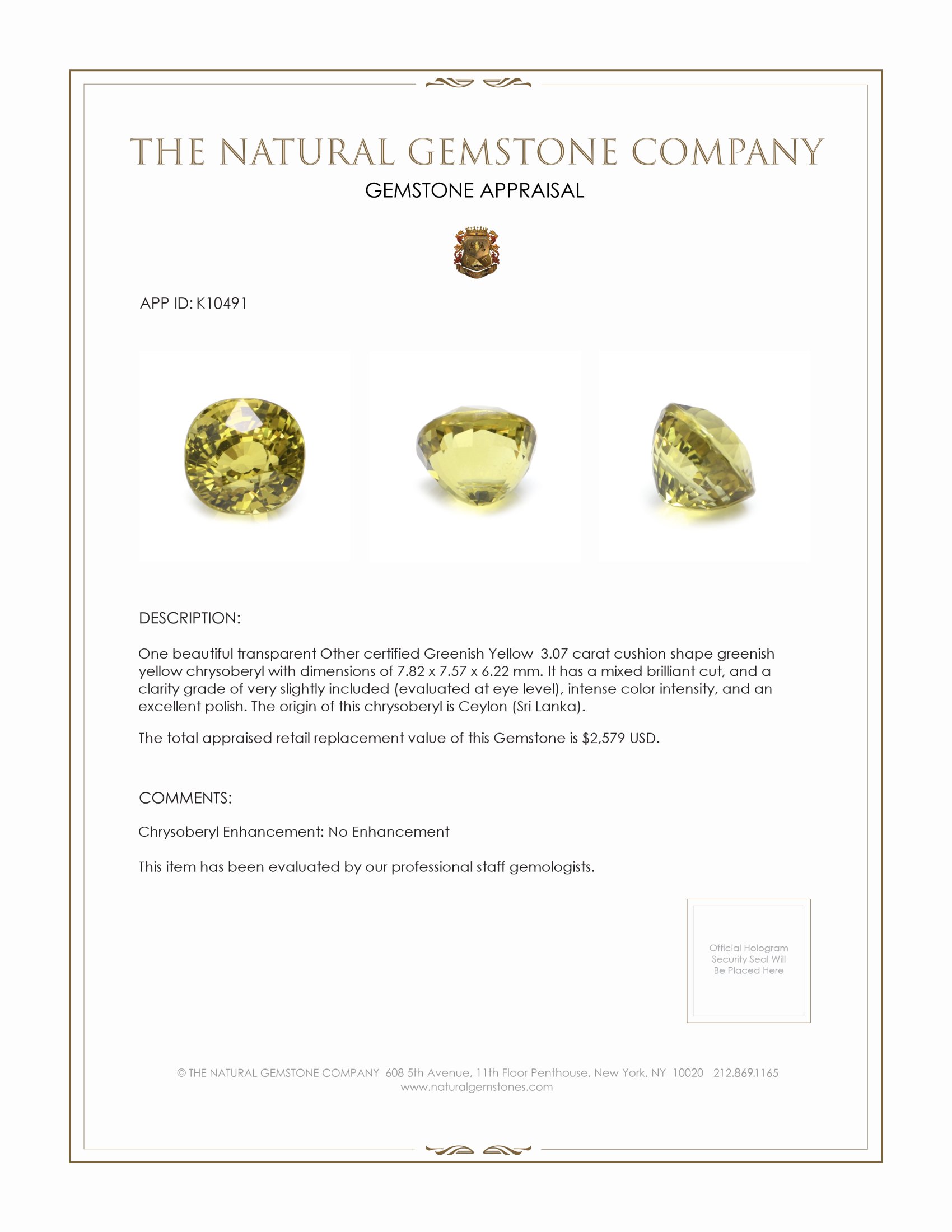3.07 Ct. Chrysoberyl from Ceylon (Sri Lanka)