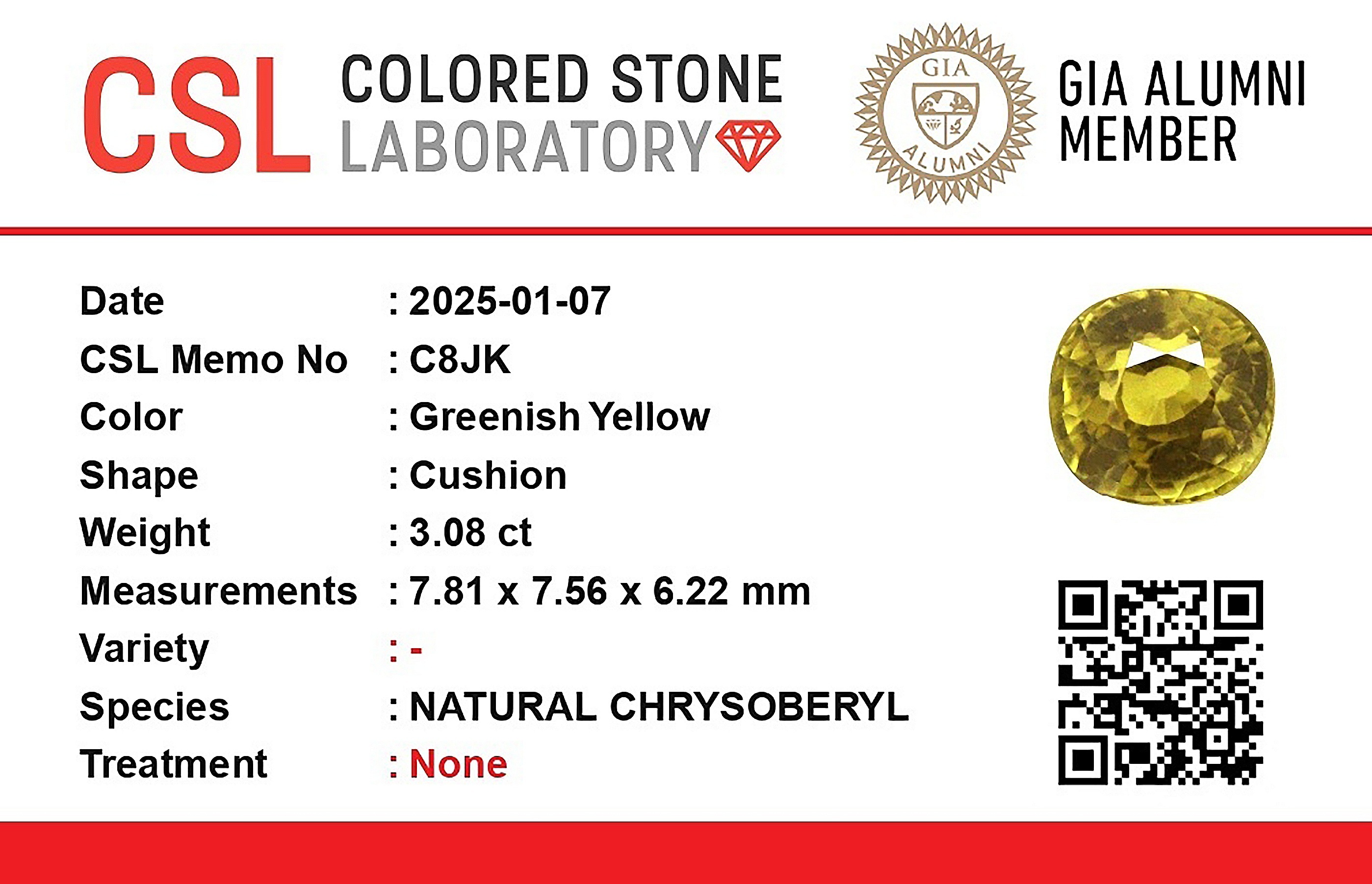 3.07 Ct. Chrysoberyl from Ceylon (Sri Lanka)
