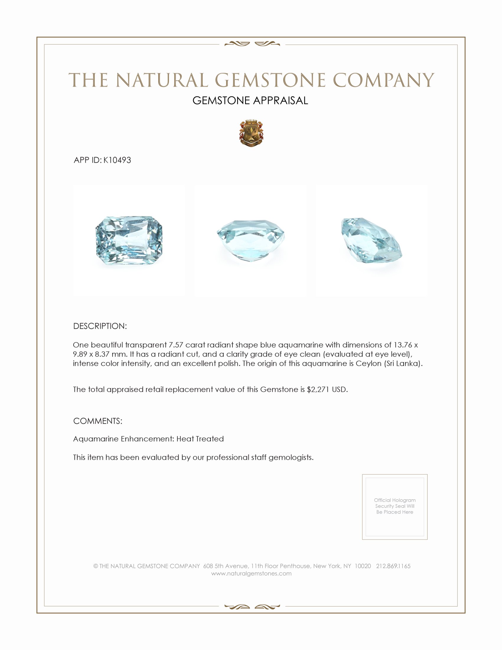 7.57 Ct. Aquamarine from Ceylon (Sri Lanka)