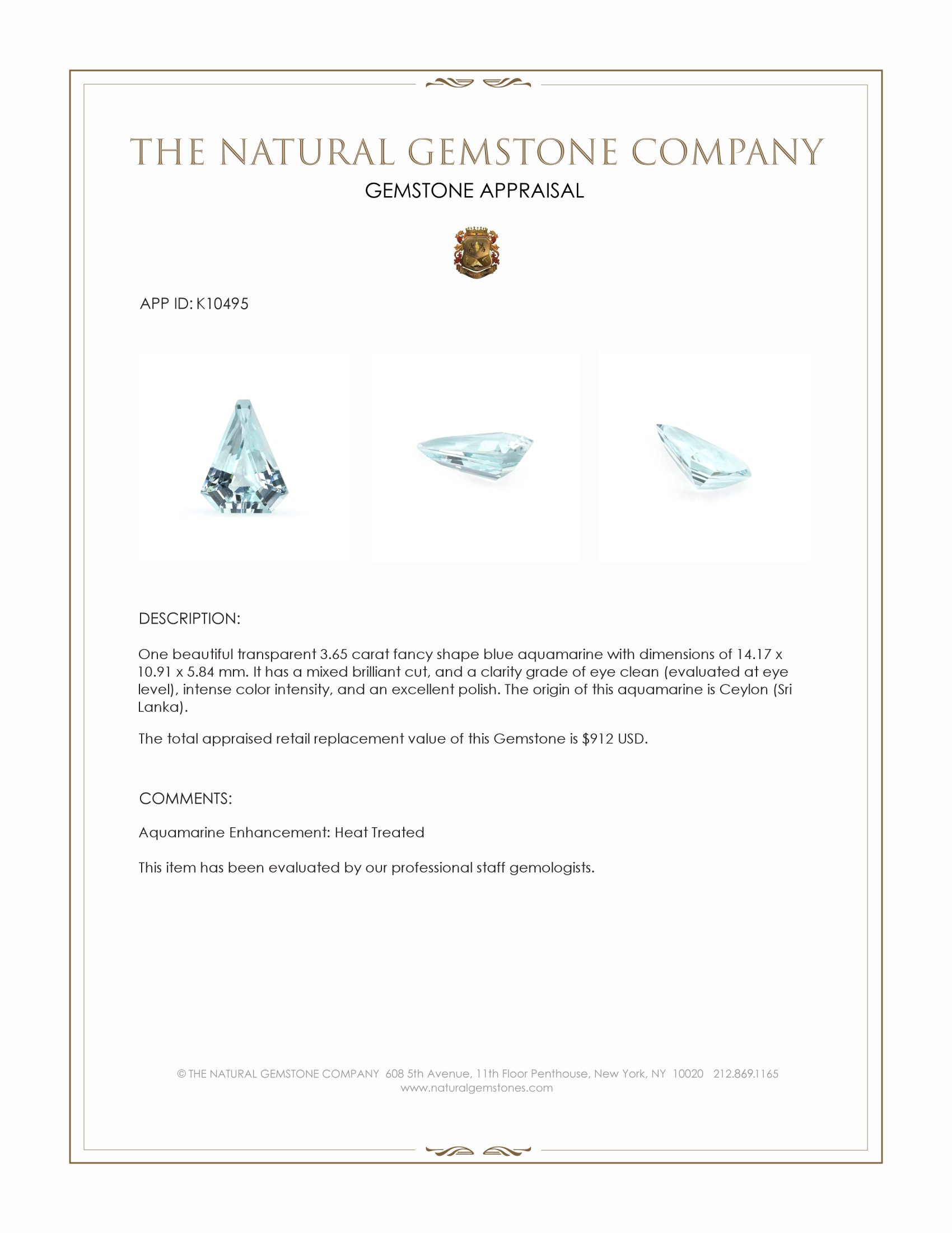 3.65 Ct. Blue Aquamarine from Ceylon (Sri Lanka)