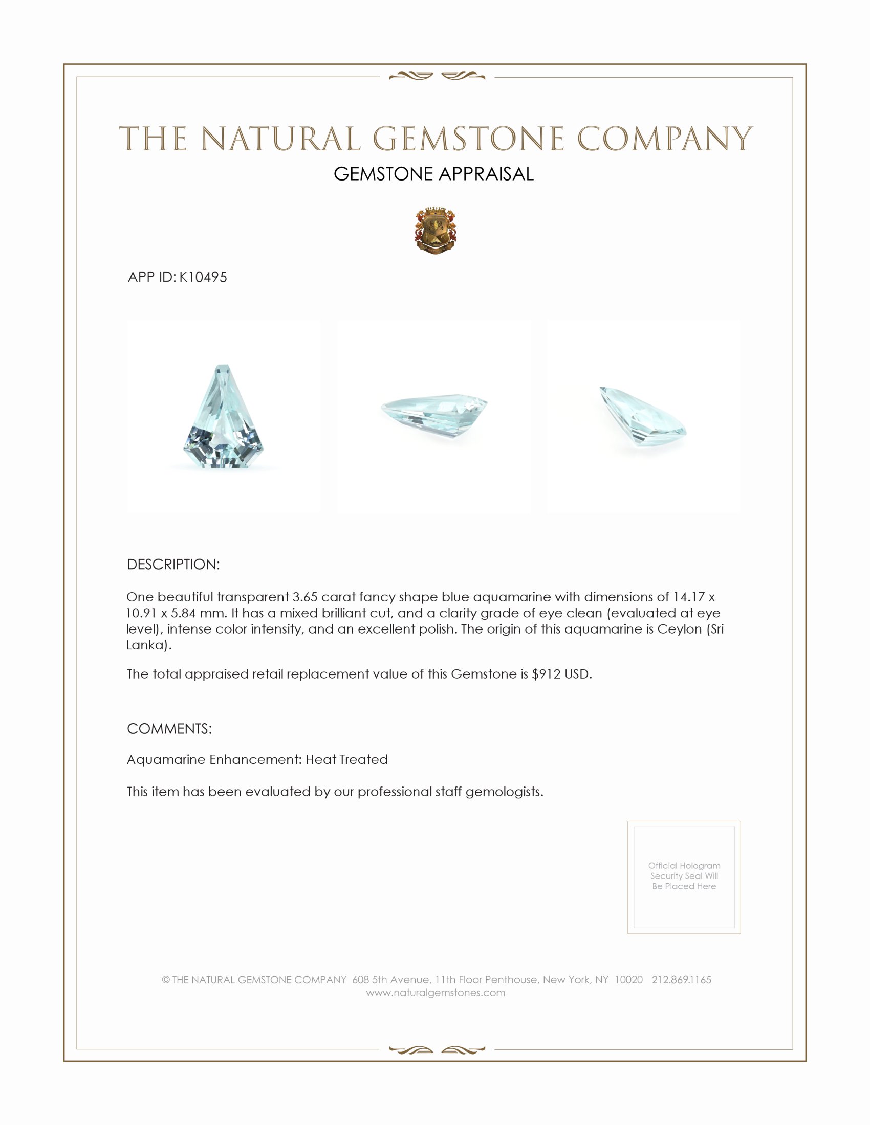 3.65 Ct. Aquamarine from Ceylon (Sri Lanka)