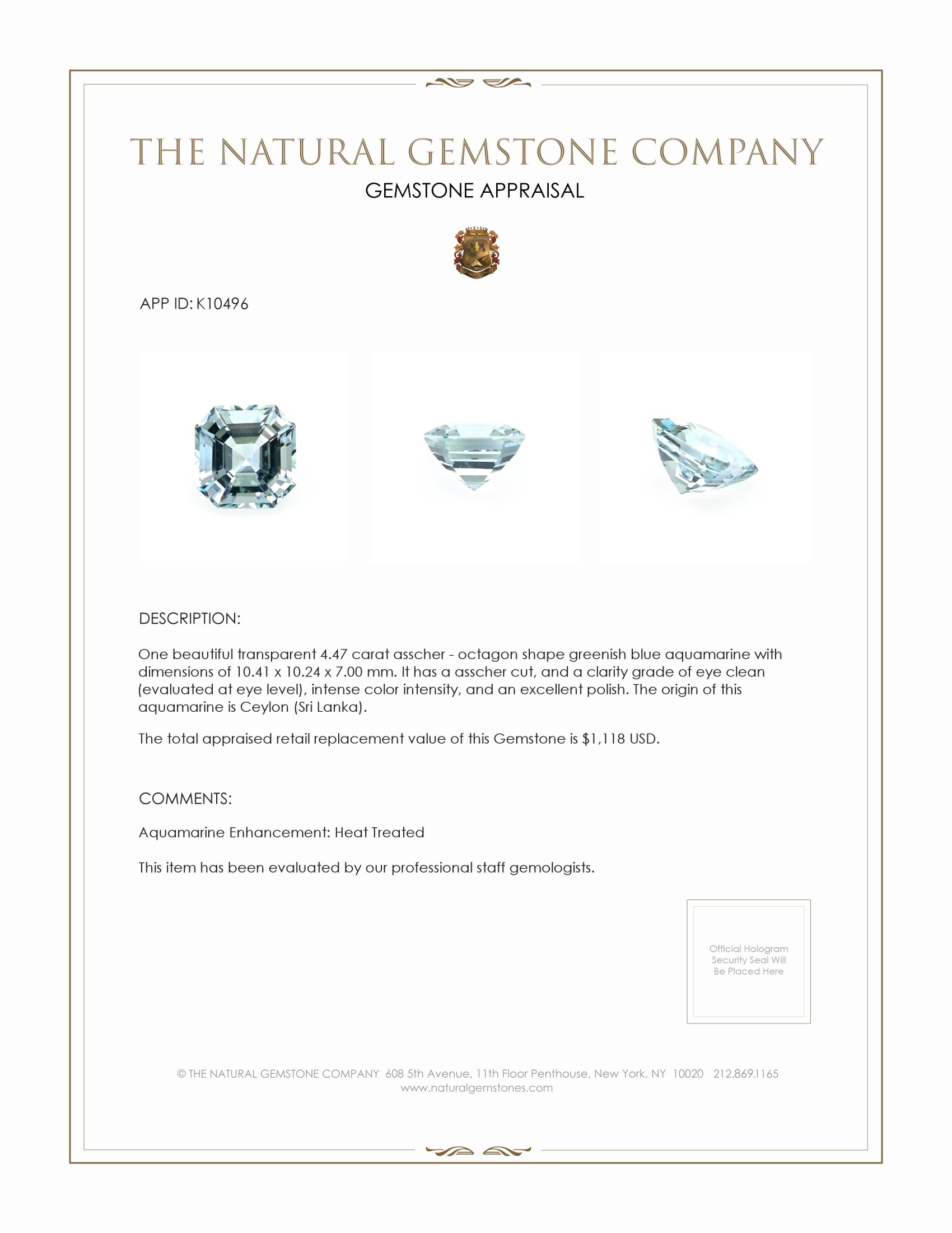 4.47 Ct. Greenish Blue Aquamarine from Ceylon (Sri Lanka)