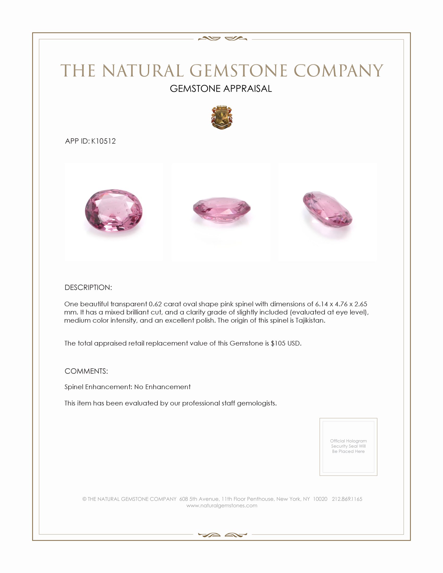 0.62 Ct. Pink Spinel from Tajikistan