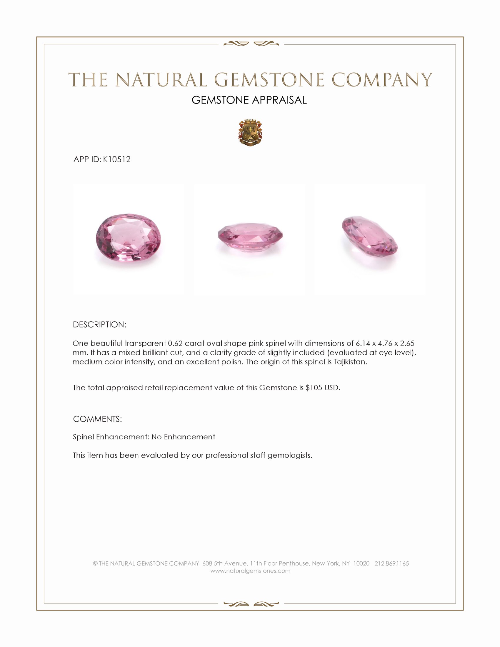 0.62 Ct. Spinel from Tajikistan