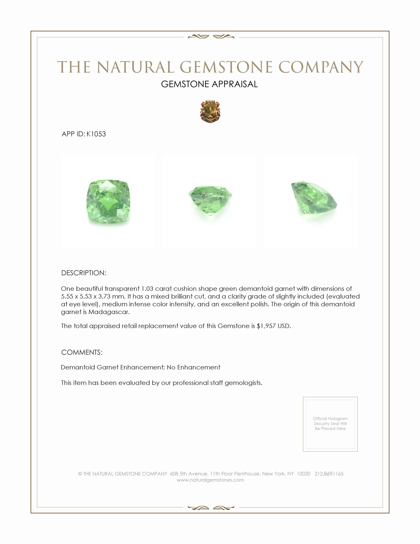 1.03 Ct. Demantoid Garnet from Madagascar
