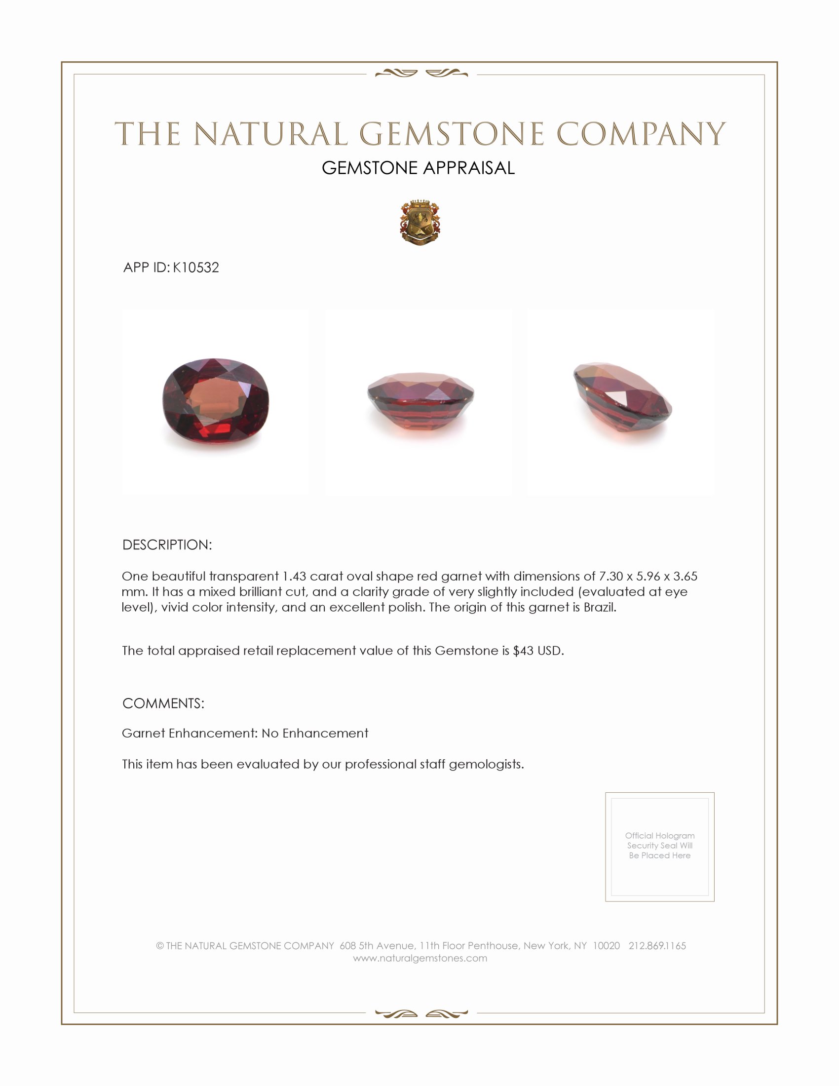 1.43 Ct. Garnet from Brazil